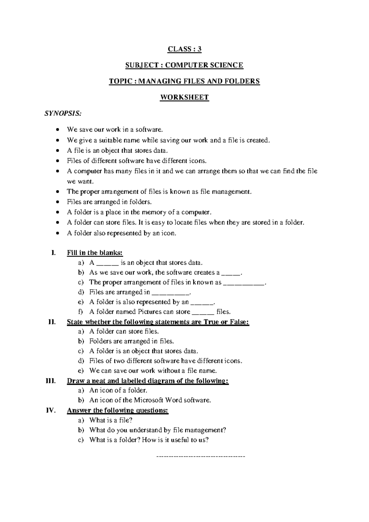 Computer Science Class 3: Managing Files & Folders Worksheet - Studocu