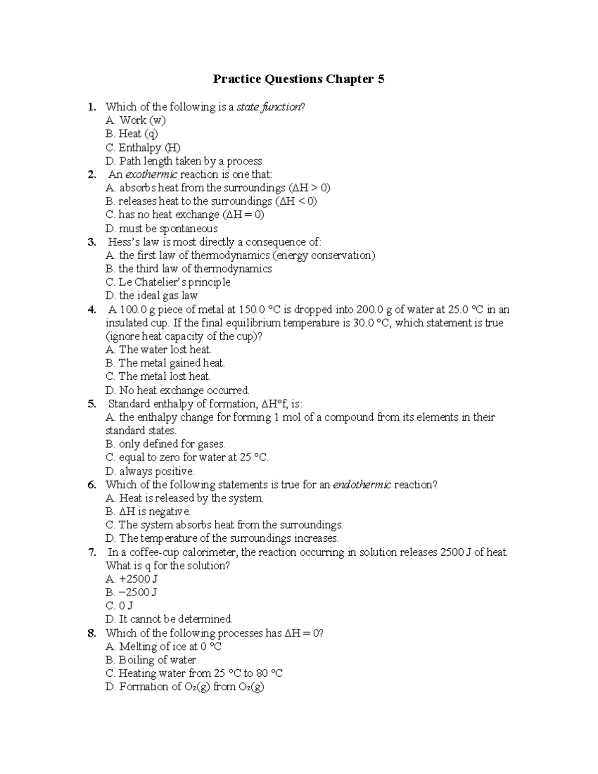 Practice Questions Chapter 5: Thermodynamics - Studocu