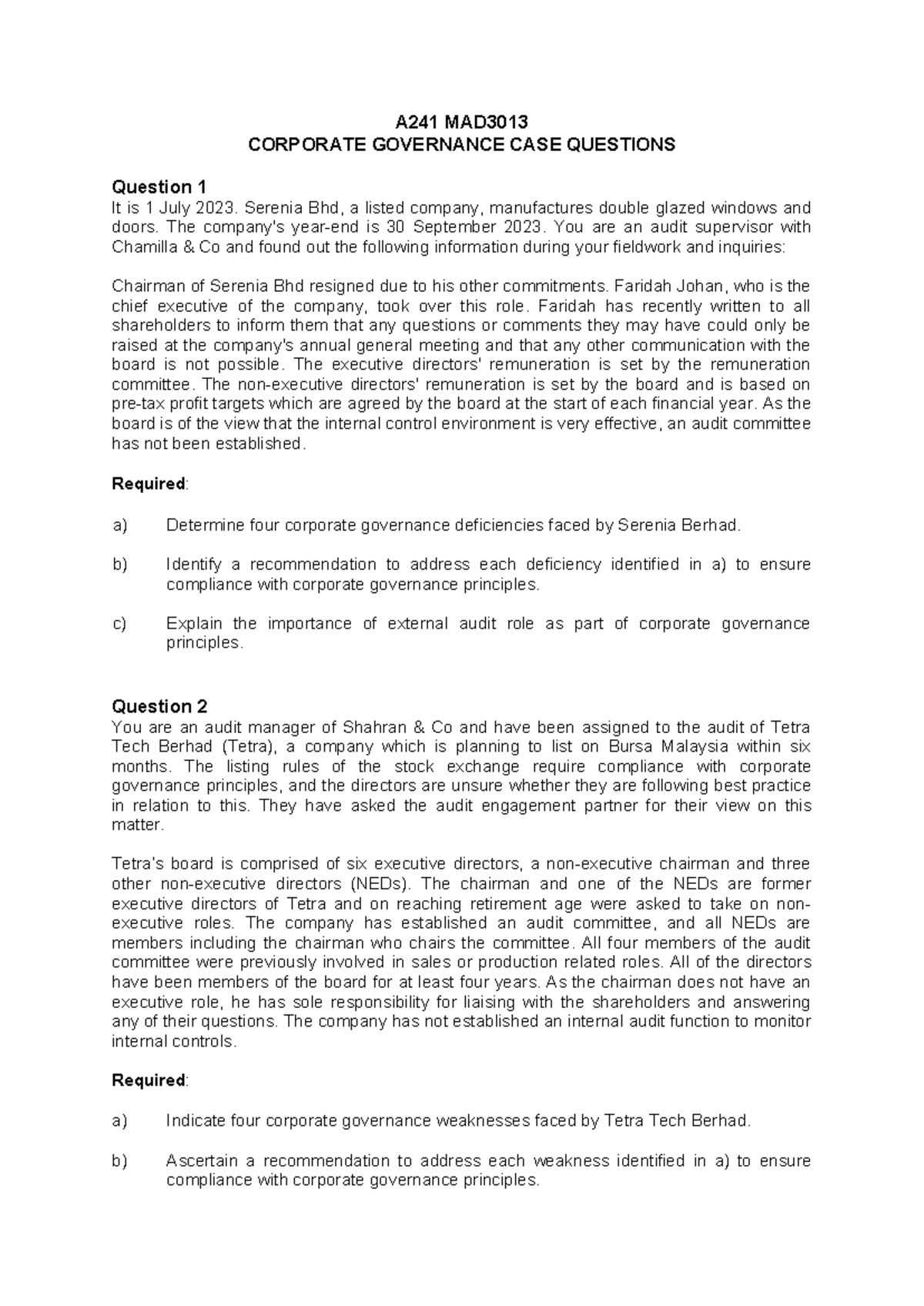 A241 MAD3013 CG case question - A241 MAD CORPORATE GOVERNANCE CASE ...