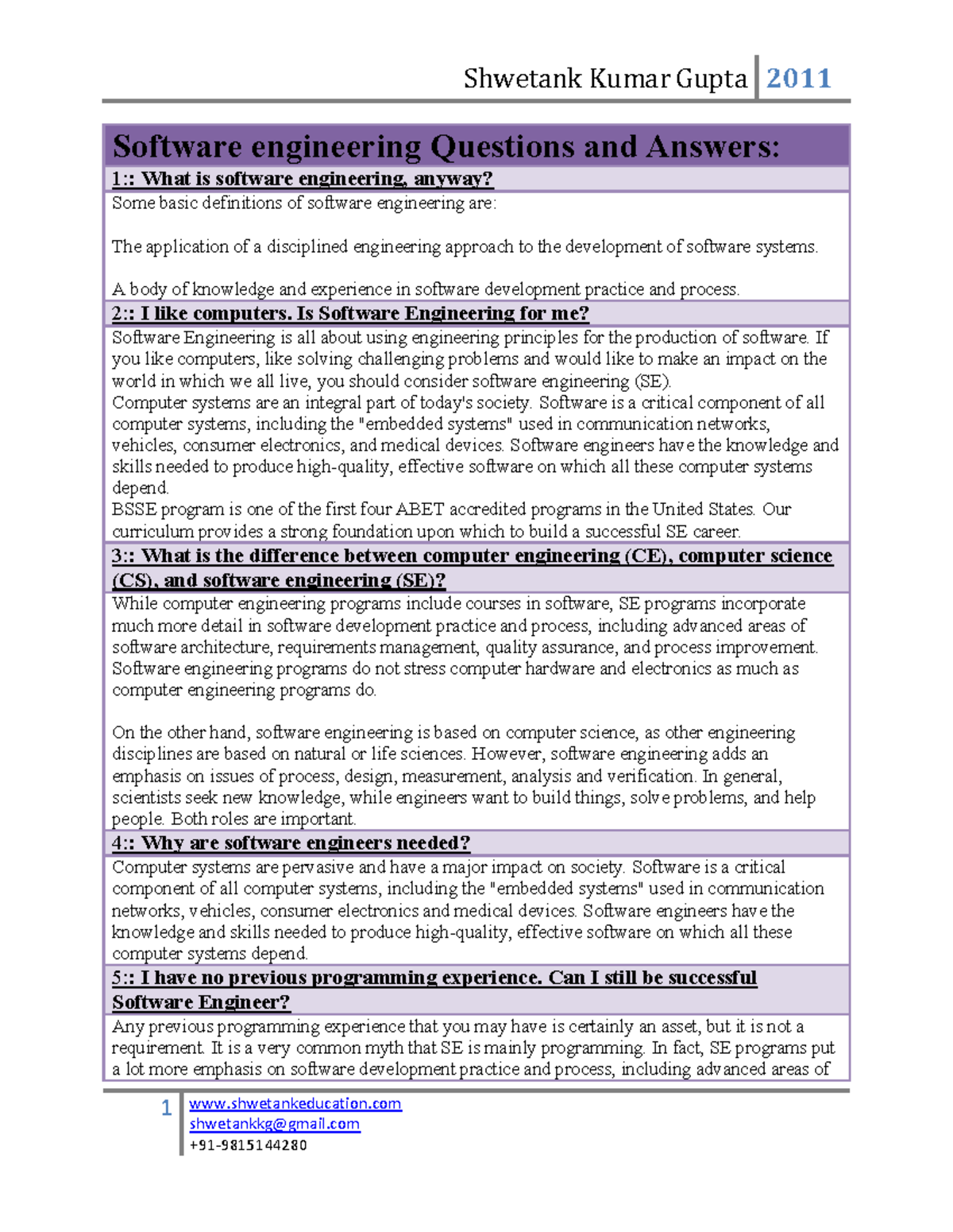 Software engineering Questions and Answers - 1 shwetankeducation ...