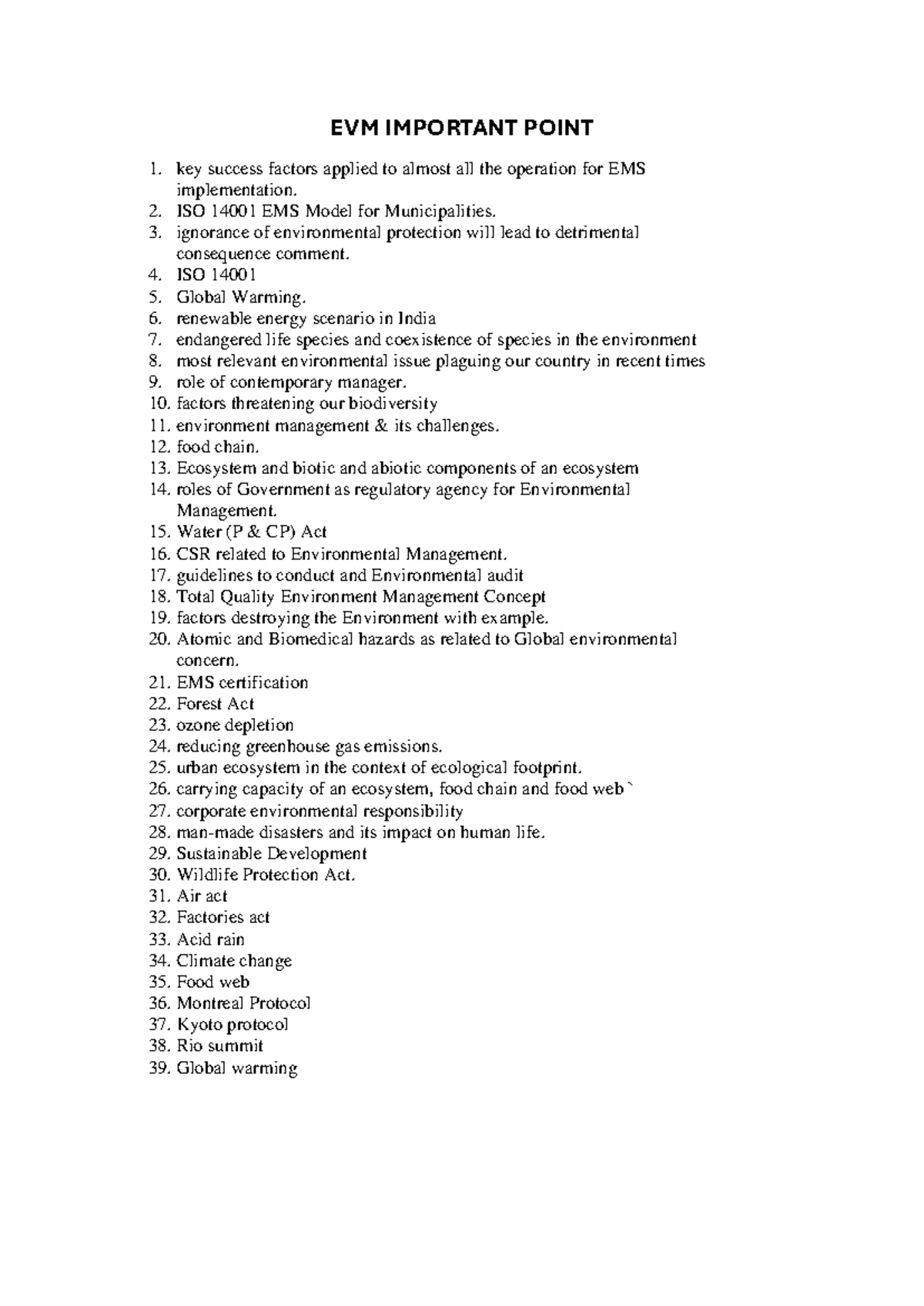 EVM Important Points for Environmental Management Study - Studocu