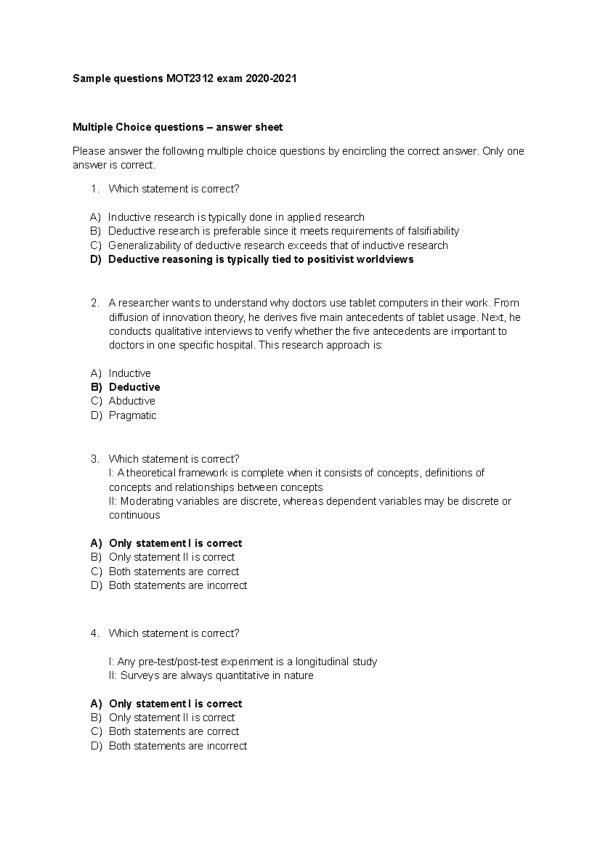 Sample Questions for MOT2312 Final Exam 2020: Multiple Choice Format ...