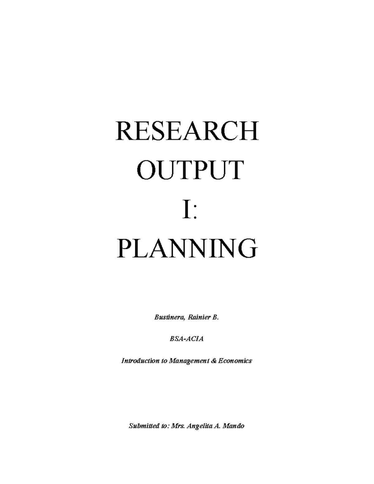 Research Output 01: Planning in Management Economics - Studocu