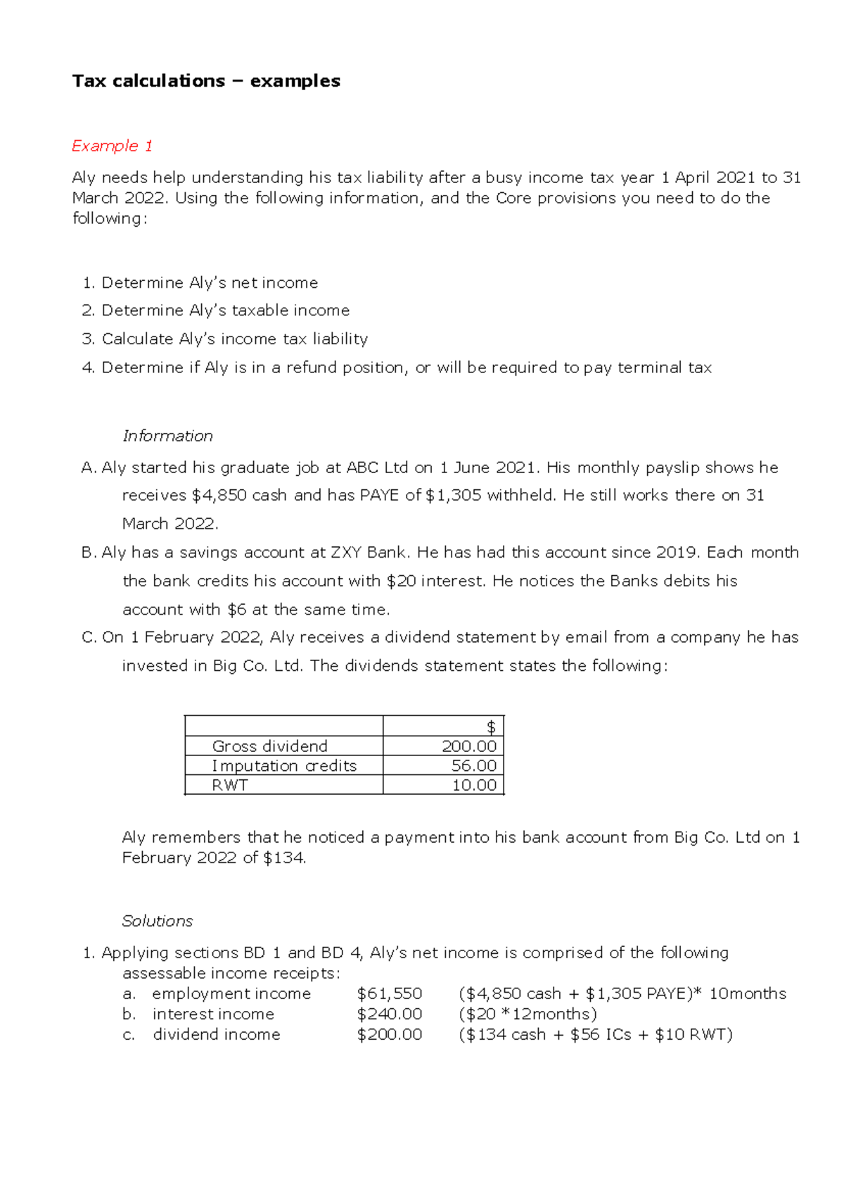 Tax Calculations Practice: Examples and Solutions for Income Tax - Studocu