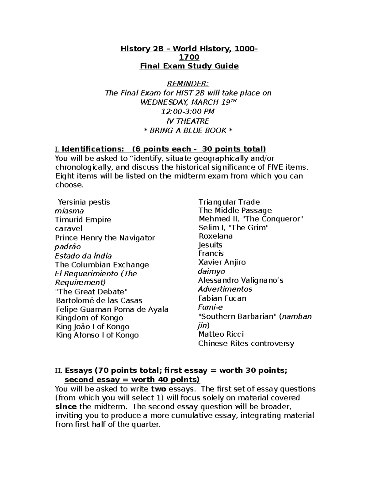 HIST 2B - World History 1000-1700: Final Exam Study Guide - History 2B ...