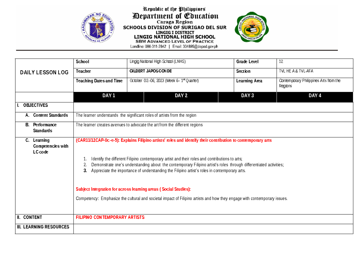 Week 6 Daily Lesson Log in Contemporary Philippine Arts (1st Quarter) - Document Preview