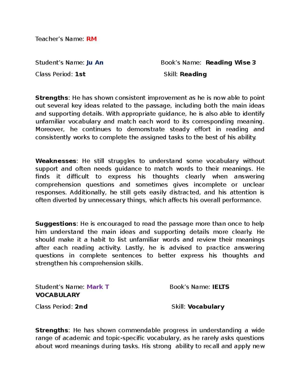 RM's Buddy Report: Reading & Writing Skills Assessment (06-19-25) - Studocu