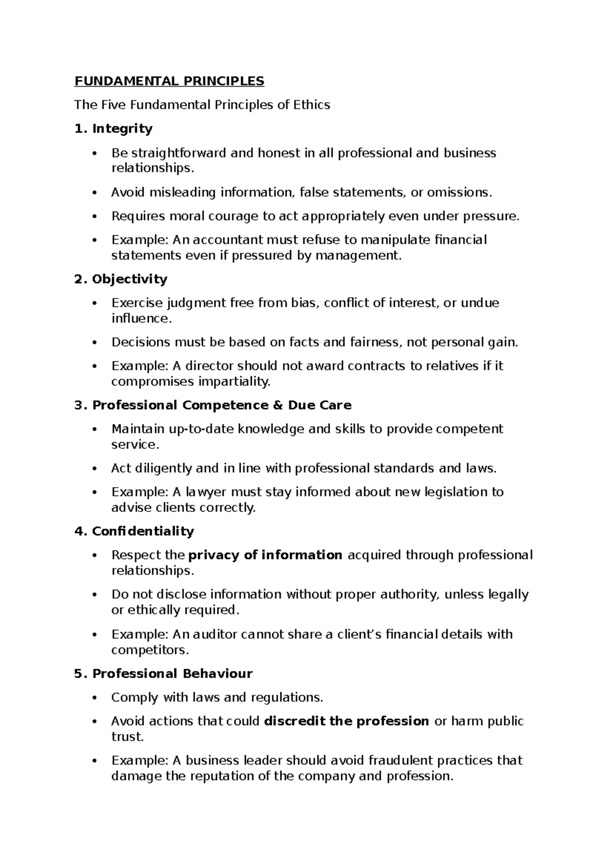 FUNDAMENTAL PRINCIPLES OF ETHICS: INTEGRITY, OBJECTIVITY & MORE - Studocu