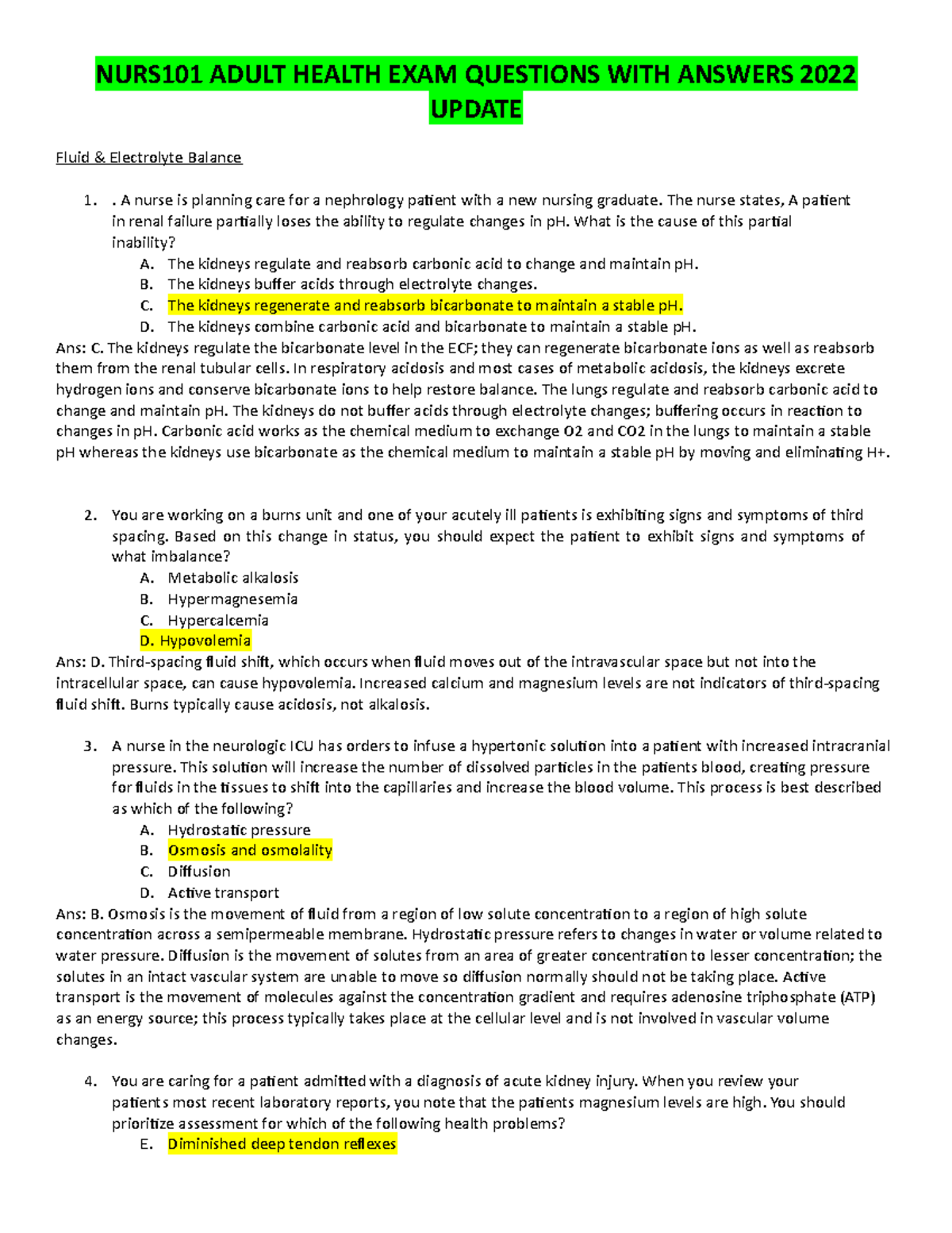 NURS101 Adult Health Exam 1 Review Questions & Answers 2022 - Studocu