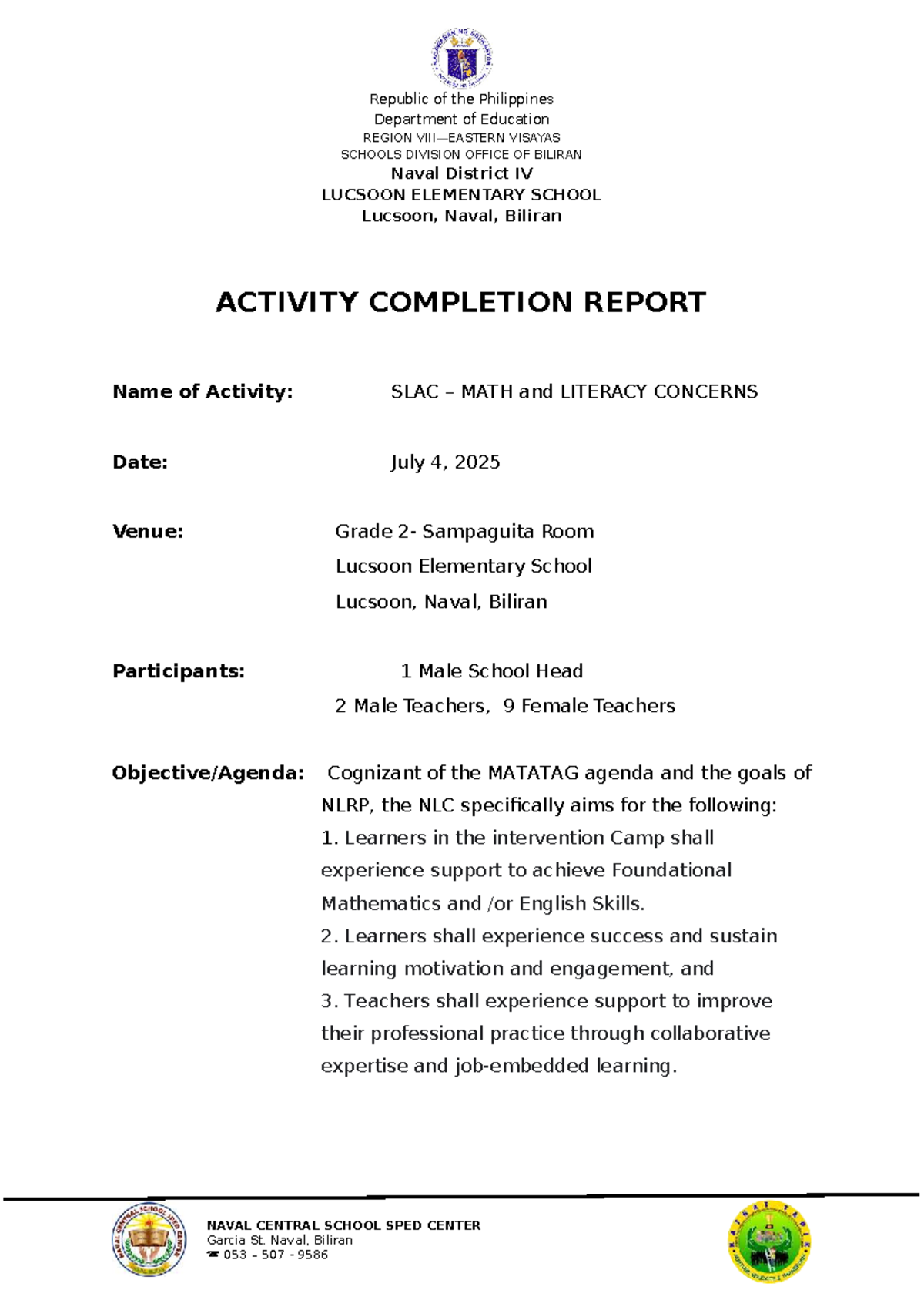 ACR-SLAC-LES: Activity Completion Report on Math & Literacy Concerns ...