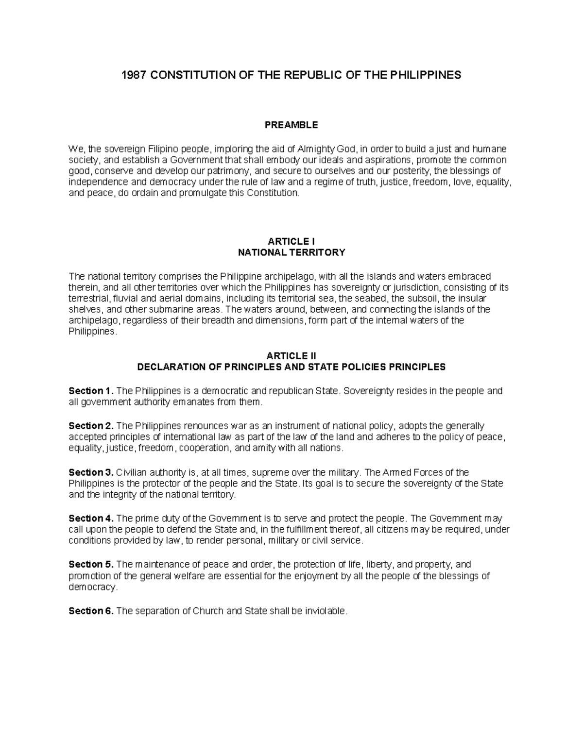 1987 PH Constitution: Preamble and Key Articles Overview - Studocu