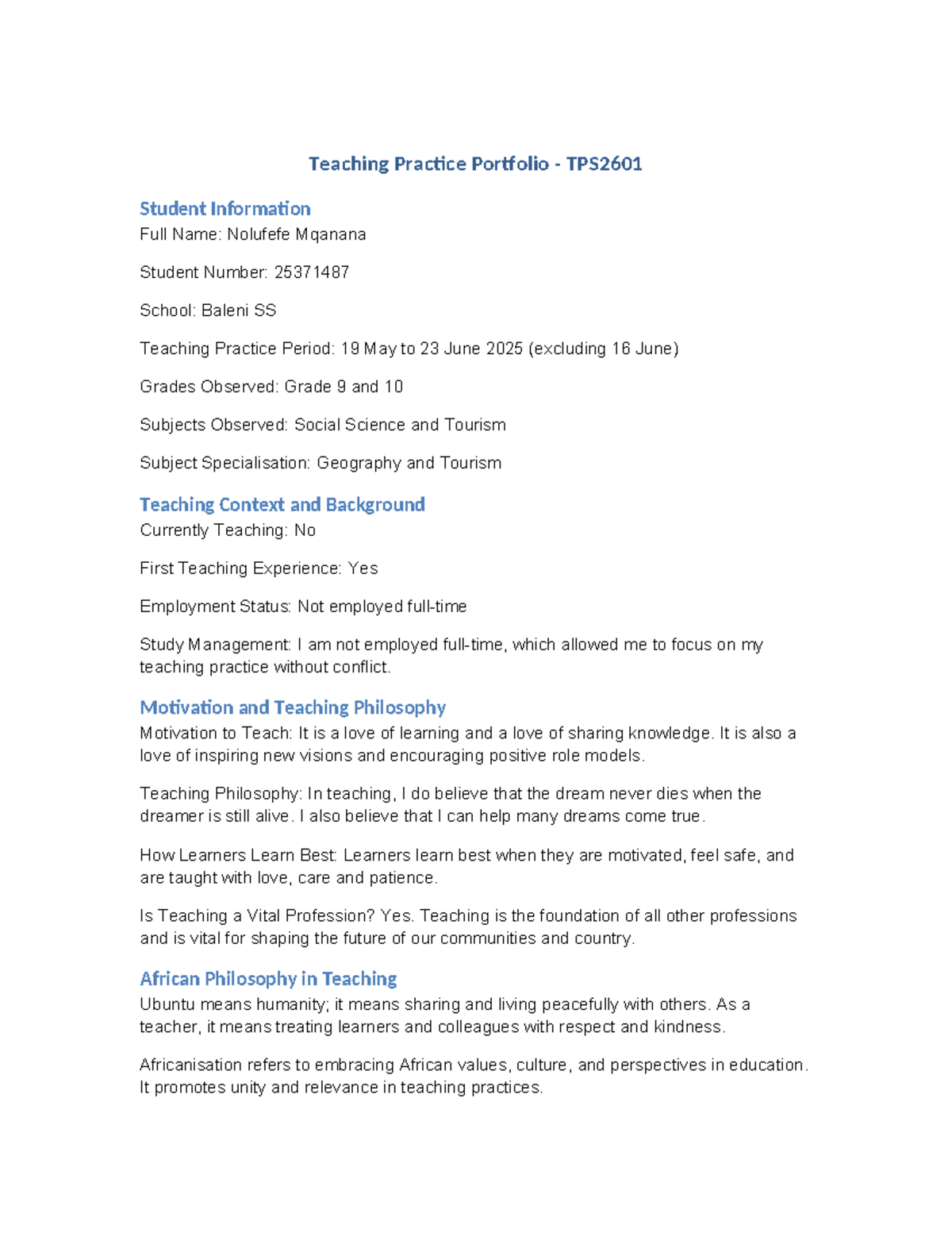 Teaching Practice Portfolio TPS2601: Nolufefe Mqanana's Experience ...