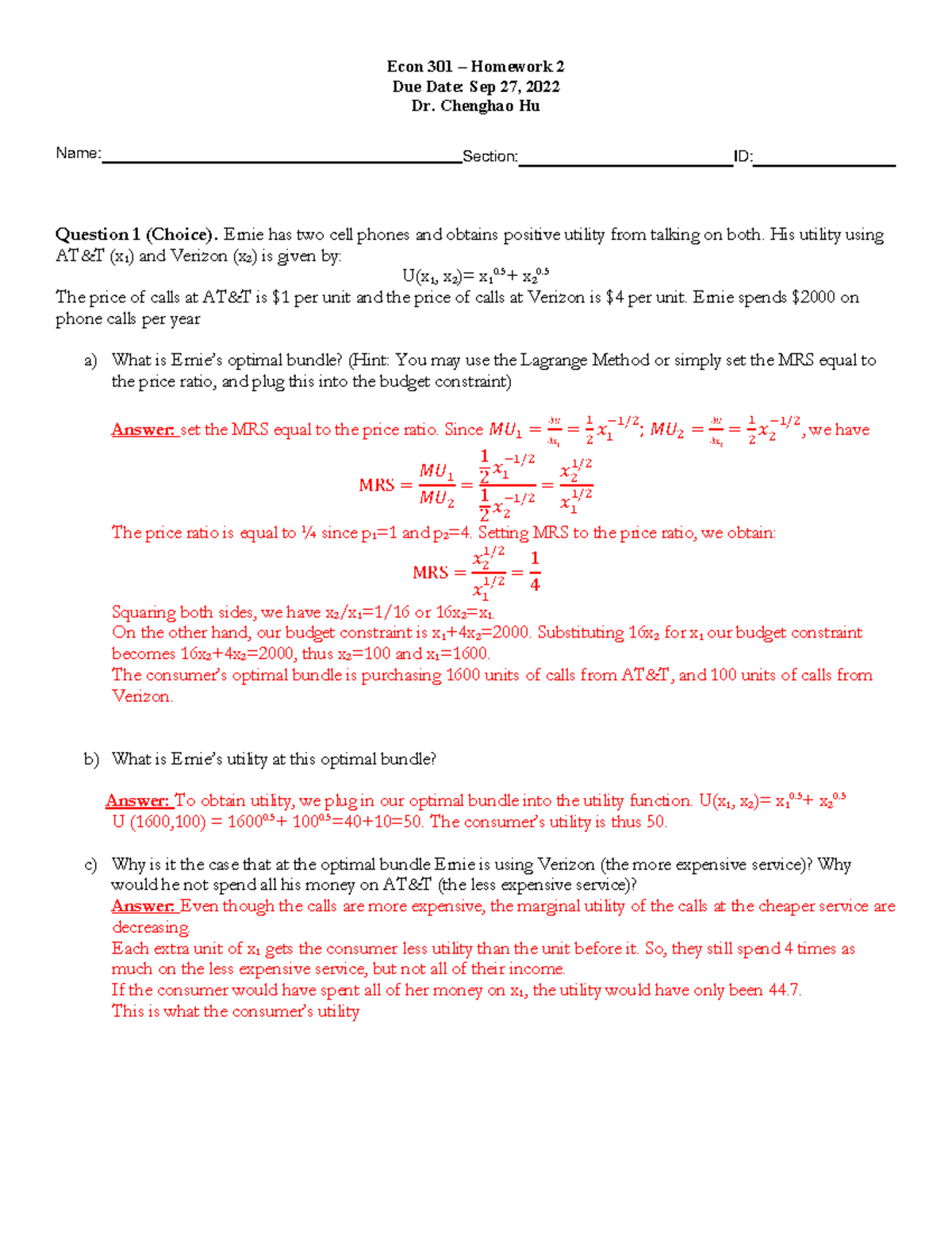 Homework 2 Key - HW 2 for ECON 301 - Econ 301 – Homework 2 Due Date ...