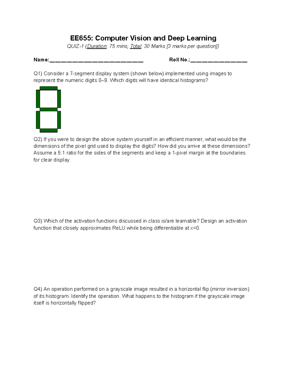 EE655: Computer Vision & Deep Learning Quiz 1 Practice Problems - Studocu