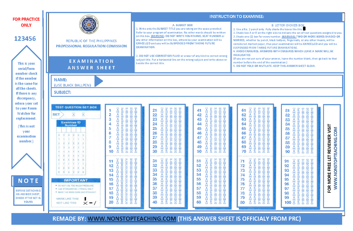 Scantron Instructions for PRC Examination Answer Sheet - Document Preview