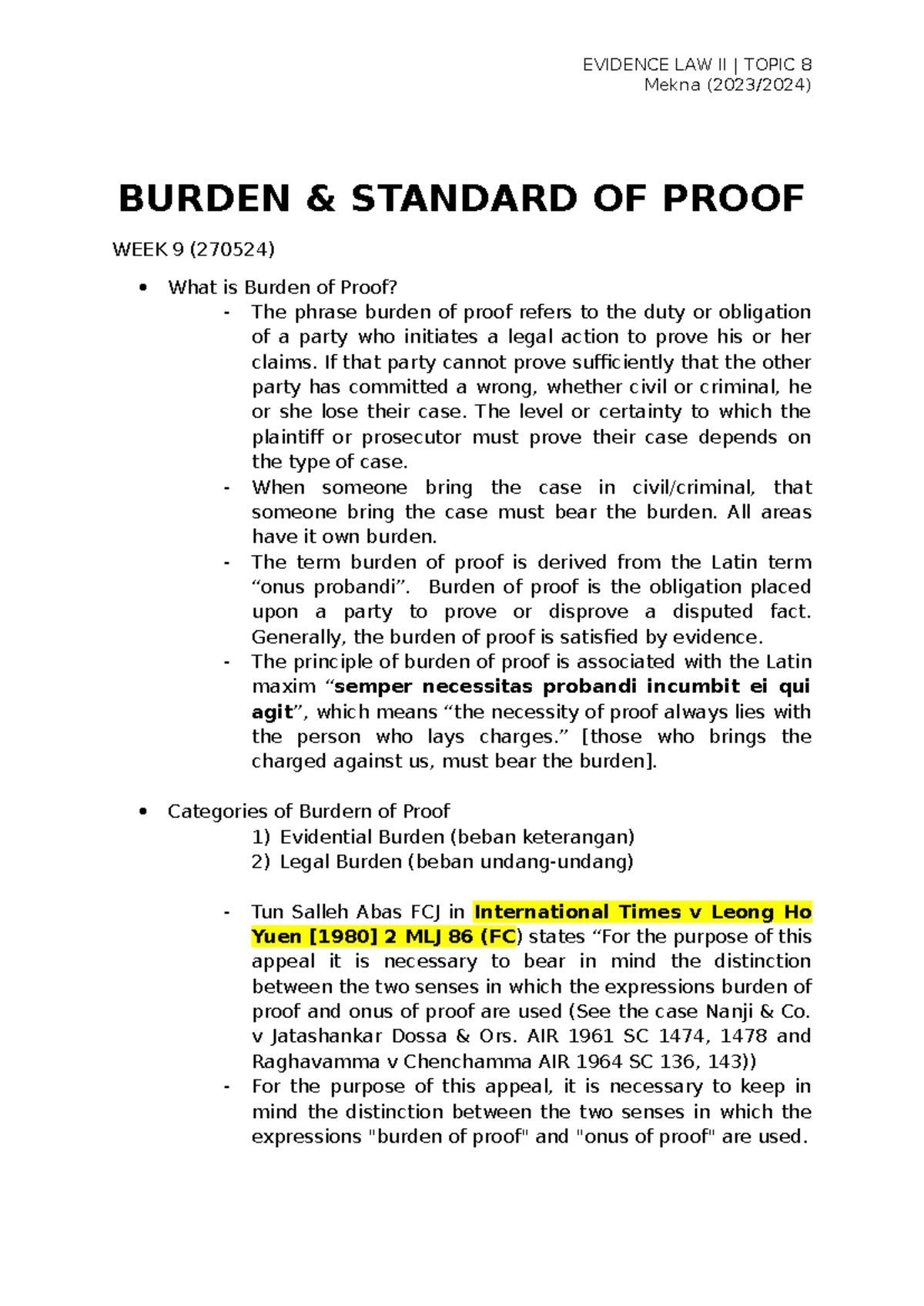 Evidence Lecture Notes: Burden and Standard of Proof (LJR 203) - Studocu