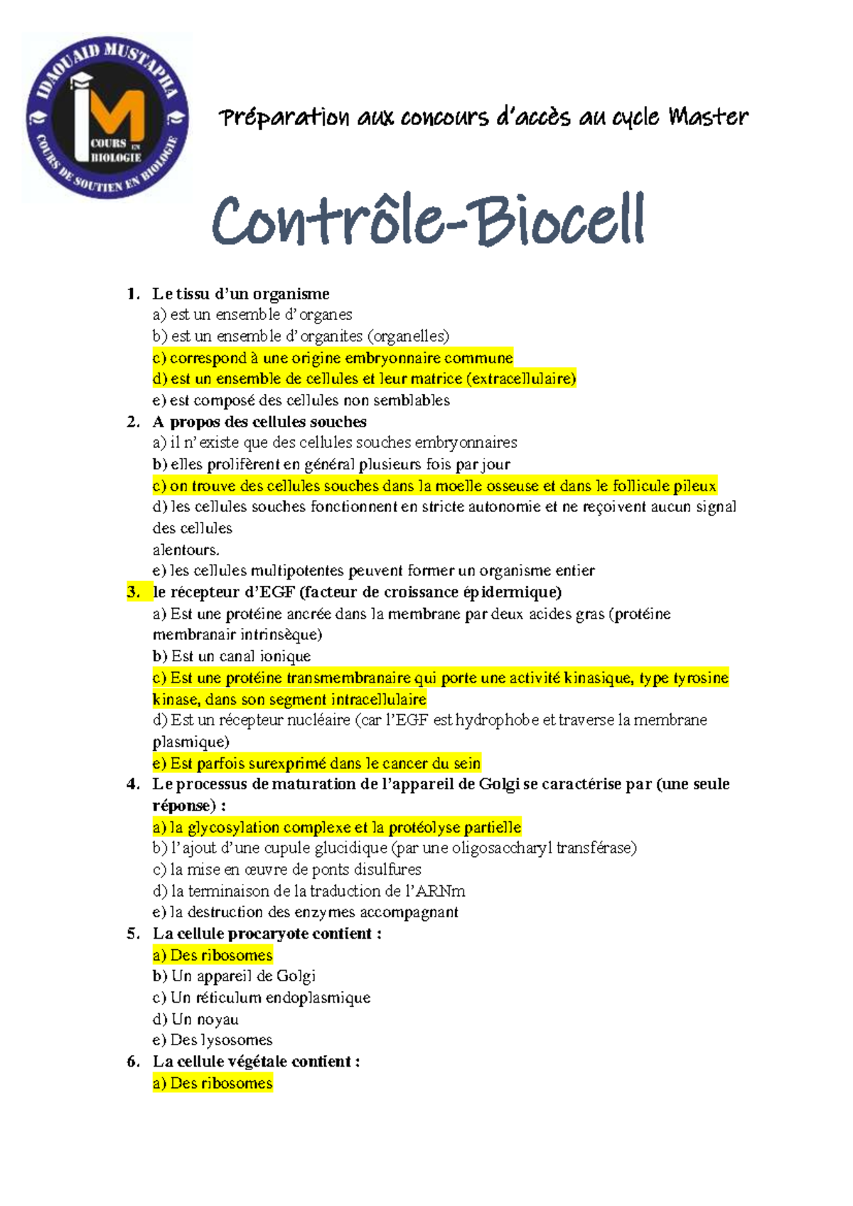 Correction contrôle biocell - Préparation aux concours Master - Studocu