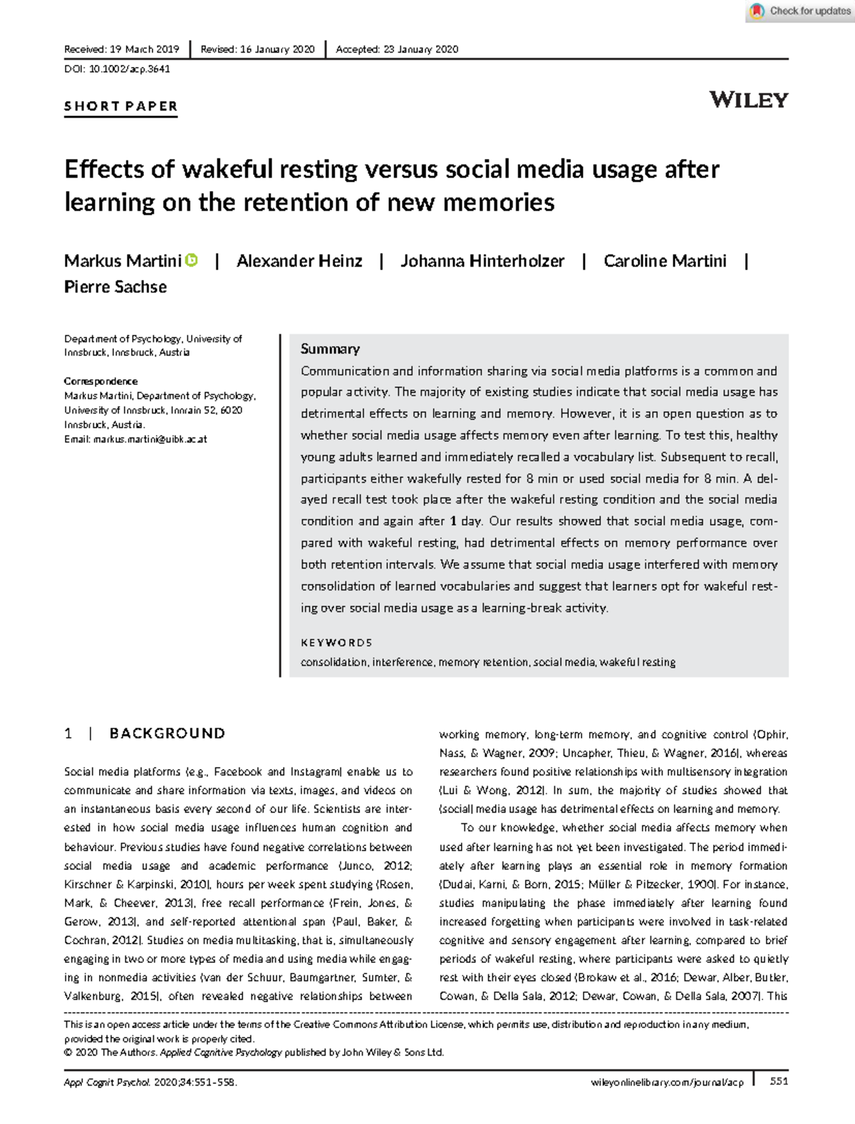 Effects of Wakeful Resting vs Social Media on Memory Retention (PSY 101 ...