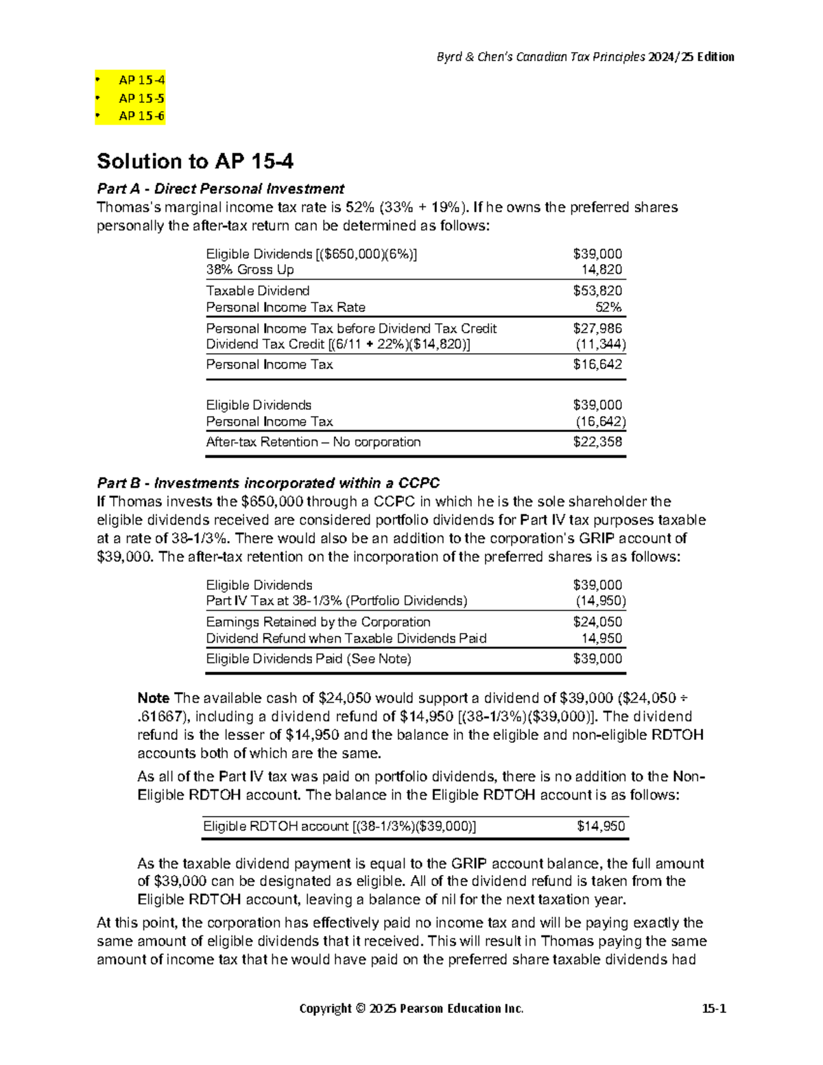 Solution to AP Canadian Tax Principles Edition CTP 2024-25: Ch15 ...