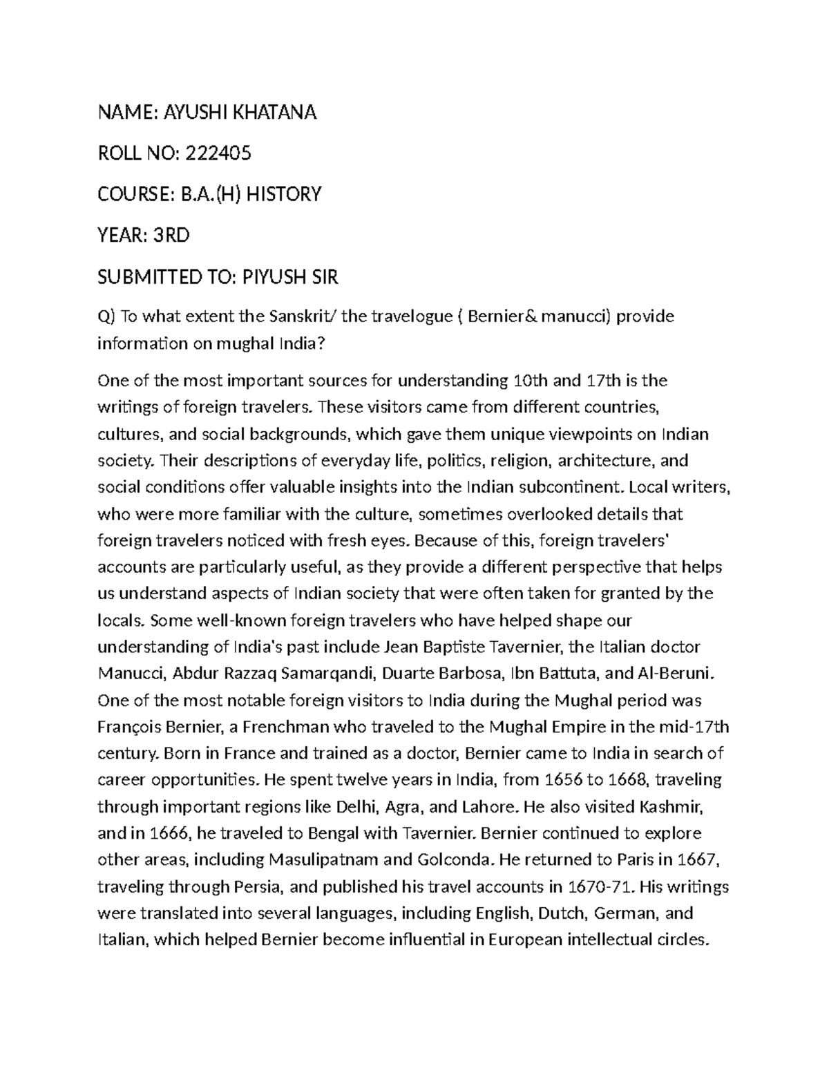 6TH SEM Assignment: Insights from Bernier's Travelogue on Mughal India ...