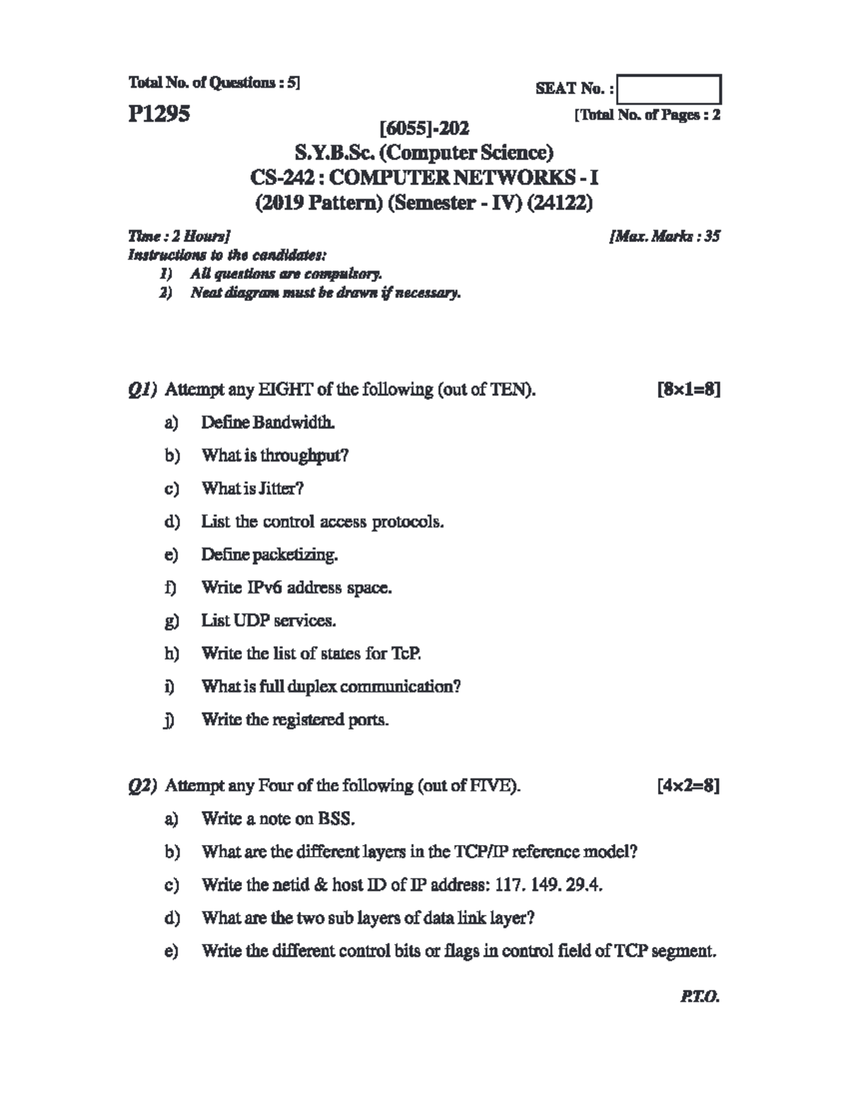 Computer Networks I (24122) - Question Paper for S.Y.B.Sc. - Studocu