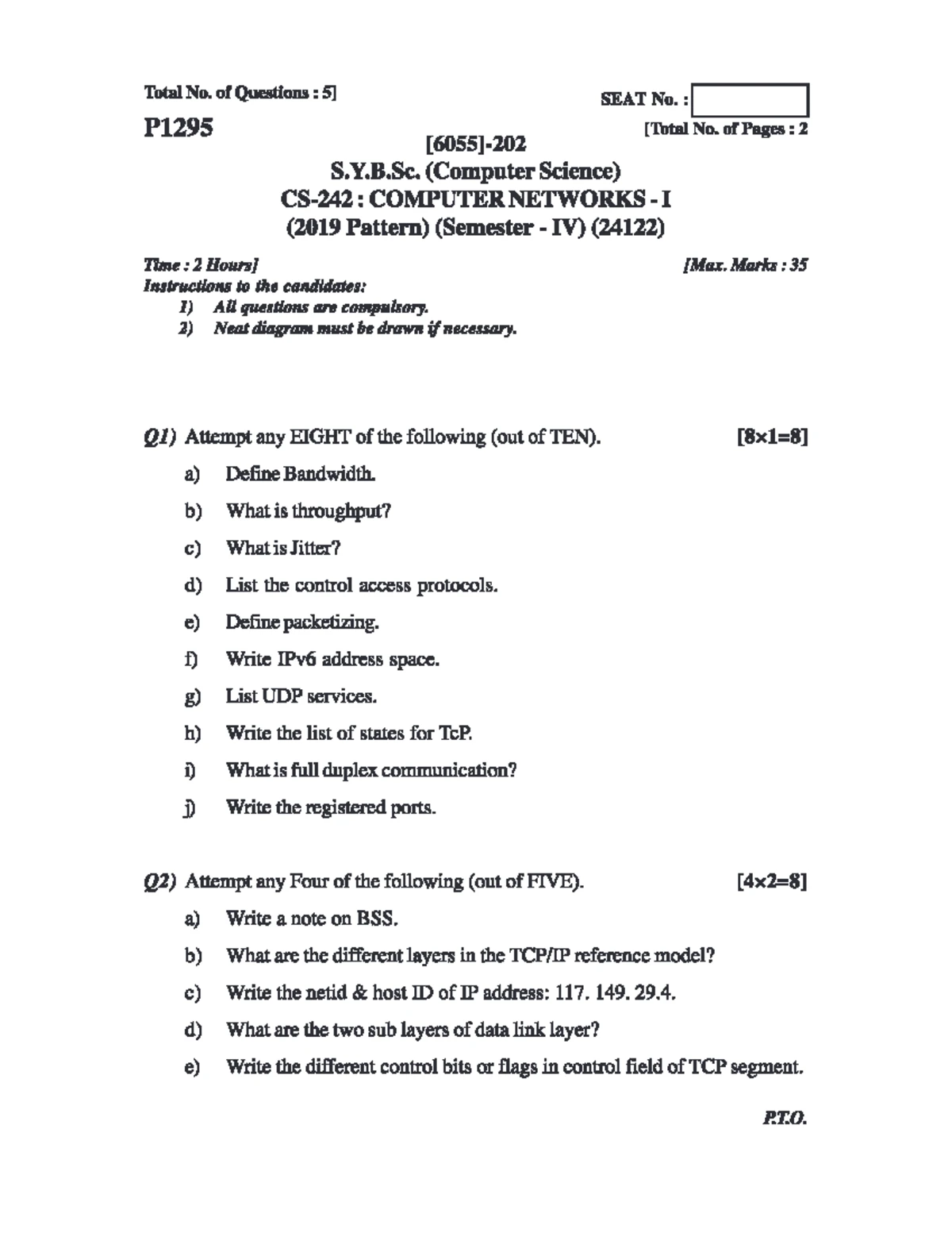 B.Sc. (Hons.) Computer Science: Computer Networks Question Bank ...