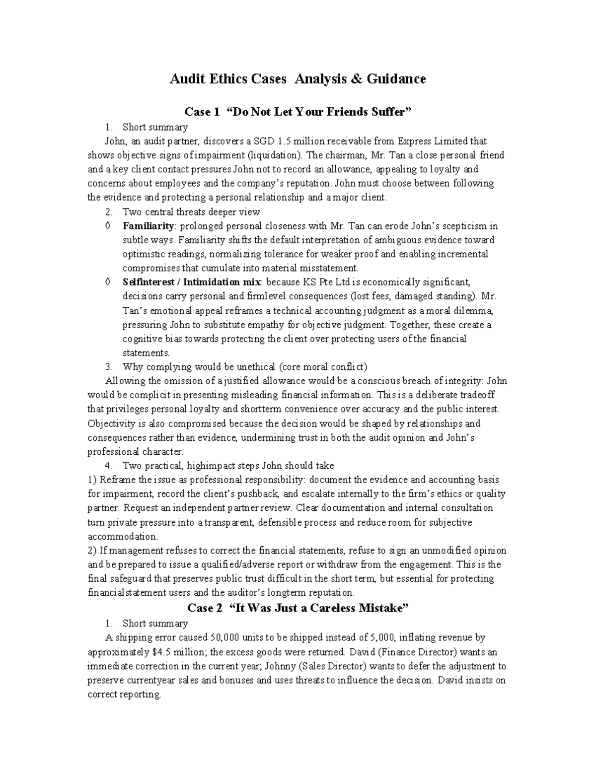 Audit Ethics Case Analysis Guidance: Case Studies on Integrity and ...