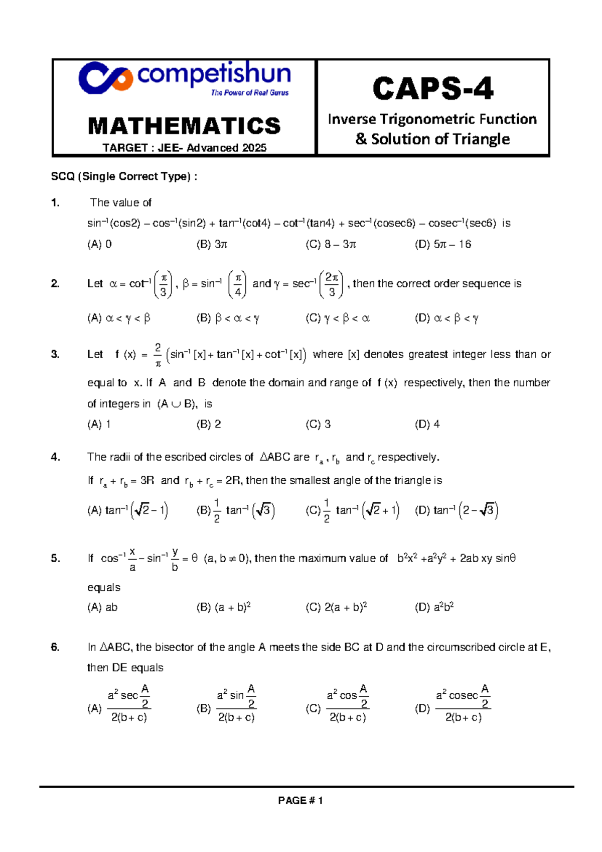 MATHEMATICS Inverse Trigonometric Functions & Triangle Solutions ...