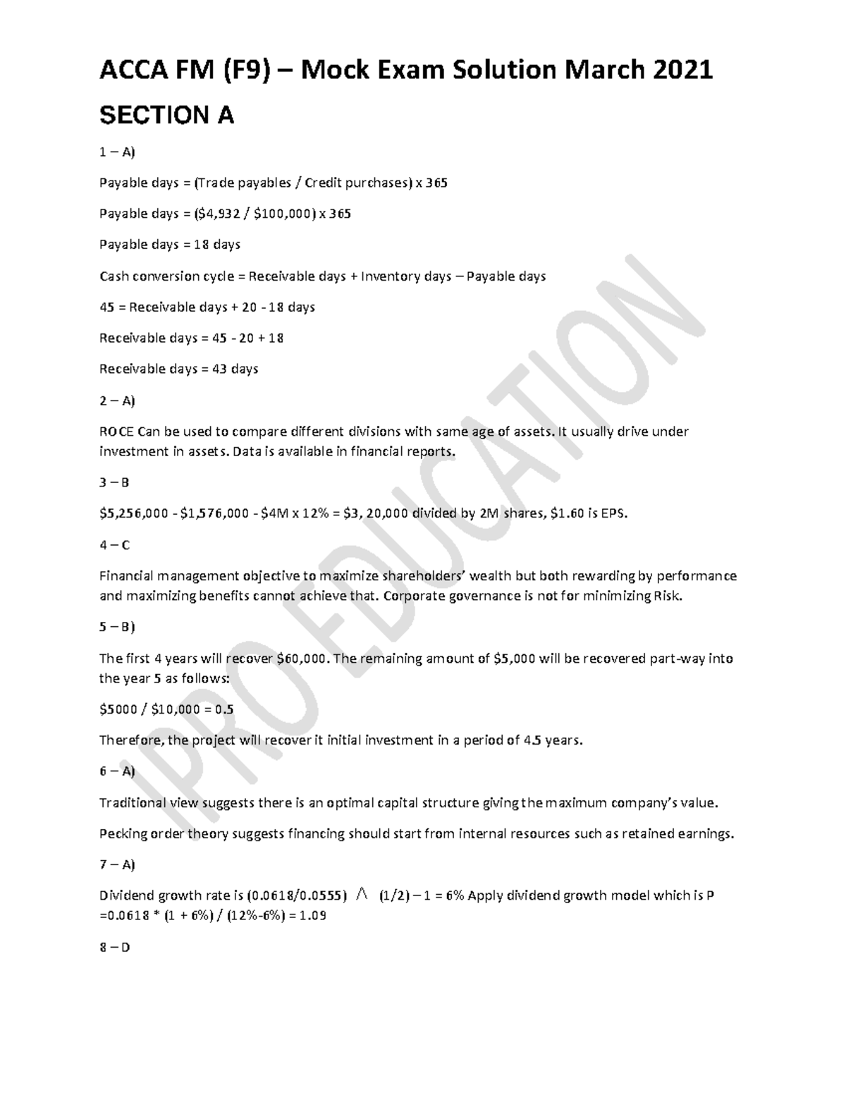 ACCA FM (F9) Mock Exam Solutions - March 2021 Analysis - Studocu