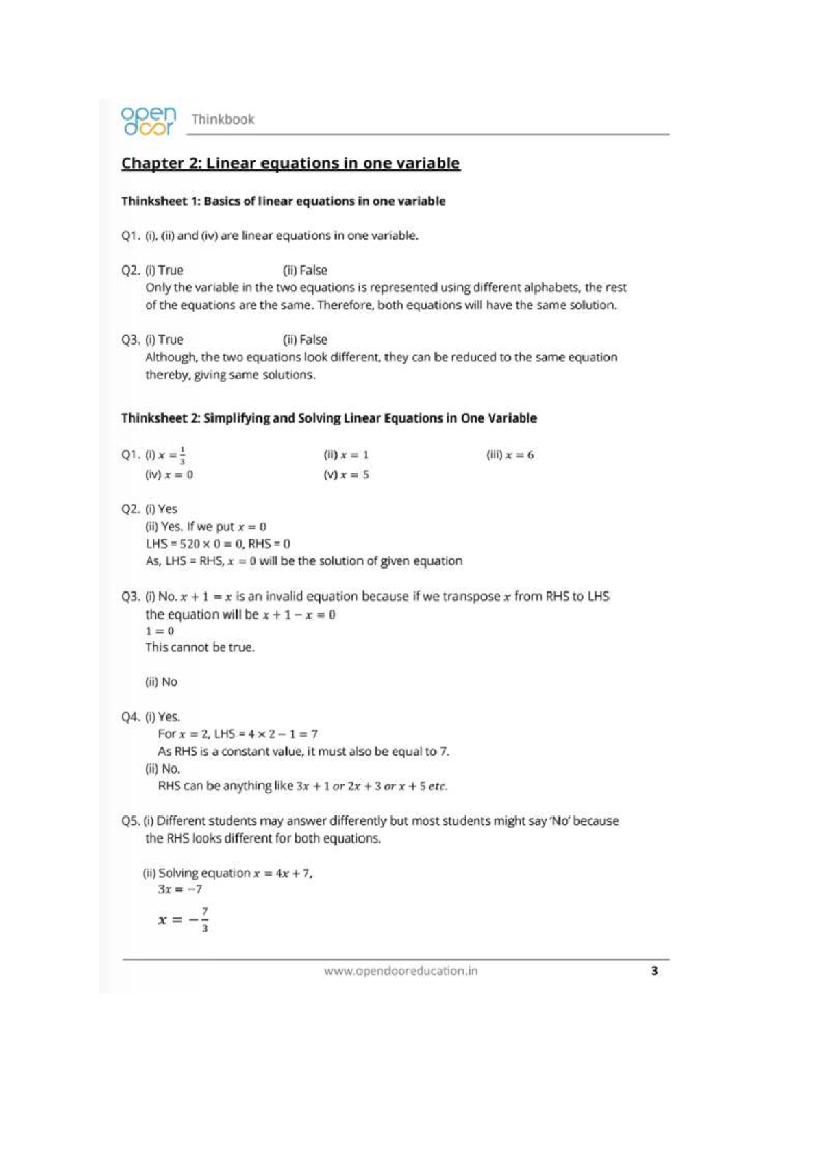 G8 Linear Equations in One Variable: Chapter 2 Solutions & Thinksheet ...