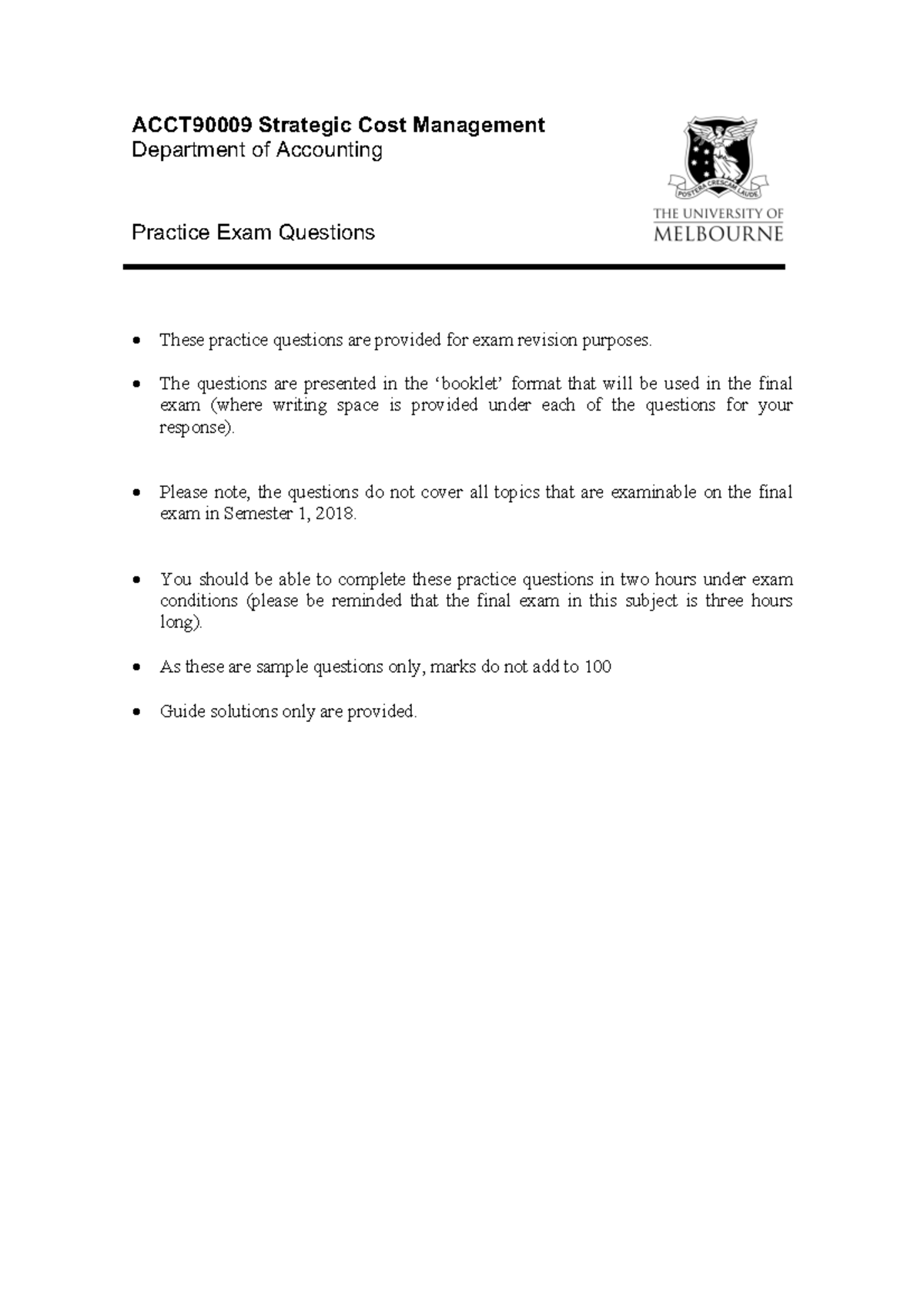 Practice Exam Questions: ACCT90009 Strategic Cost Management - Studocu