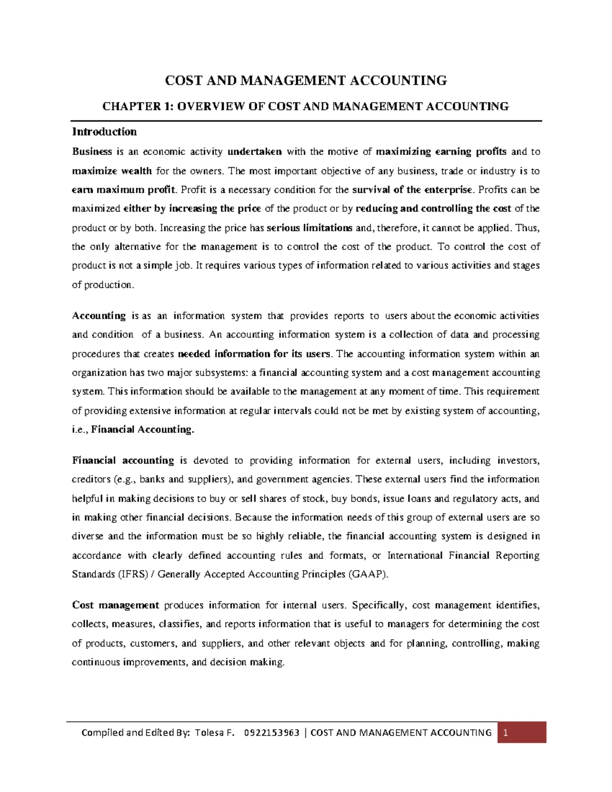 Chapter 1: Overview of Cost & Management Accounting (CMA 101) - Studocu