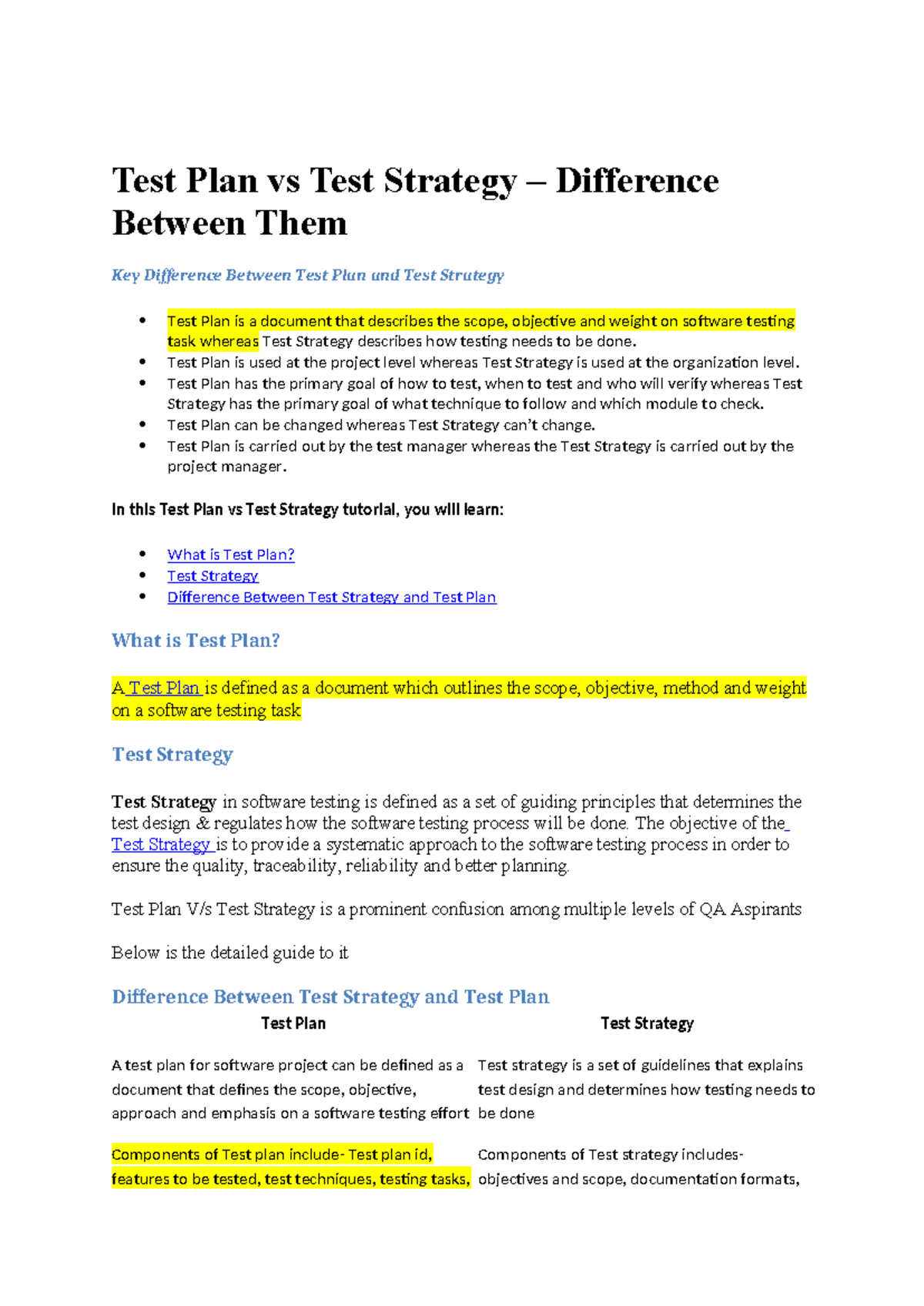644626986 Test Plan vs Test Strategy docx - Test Plan vs Test Strategy ...