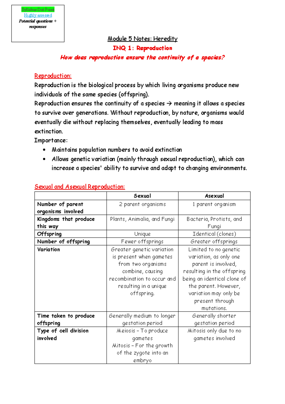 Module 5 Notes: Heredity - Reproduction and Continuity of Species - Studocu