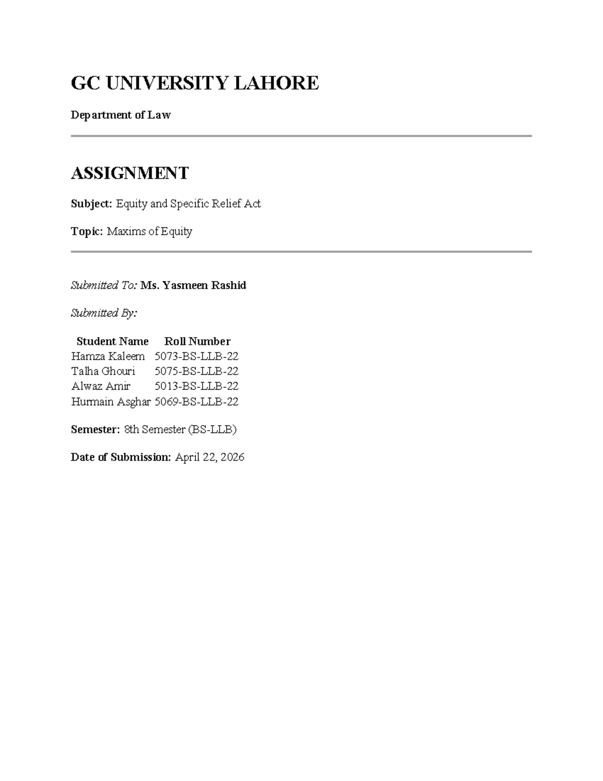 SRA Assignment: Maxims of Equity in Specific Relief Act - Studocu