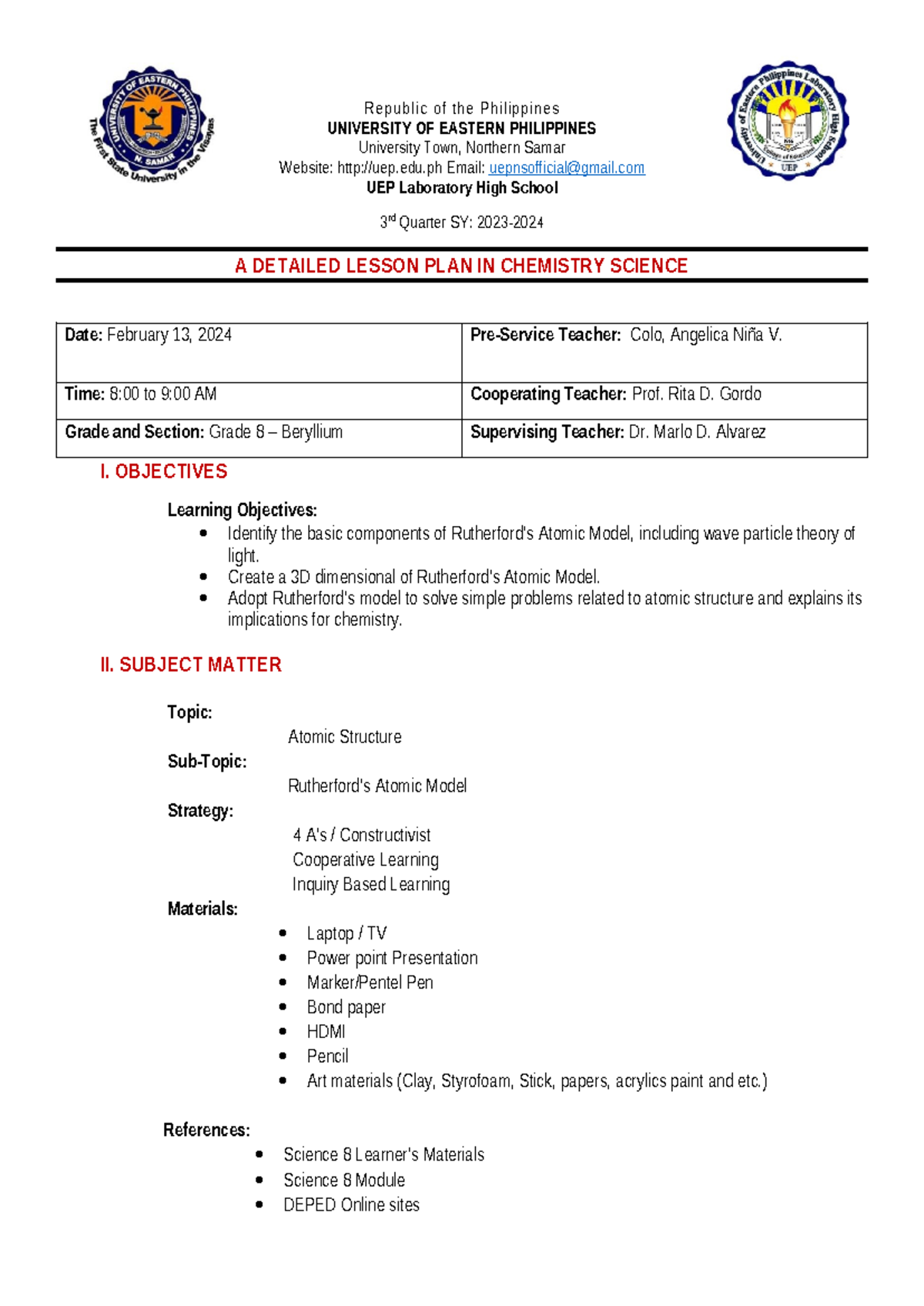 C3.2L1 G8-Beryllium Detailed Lesson Plan on Atomic Structure - Studocu