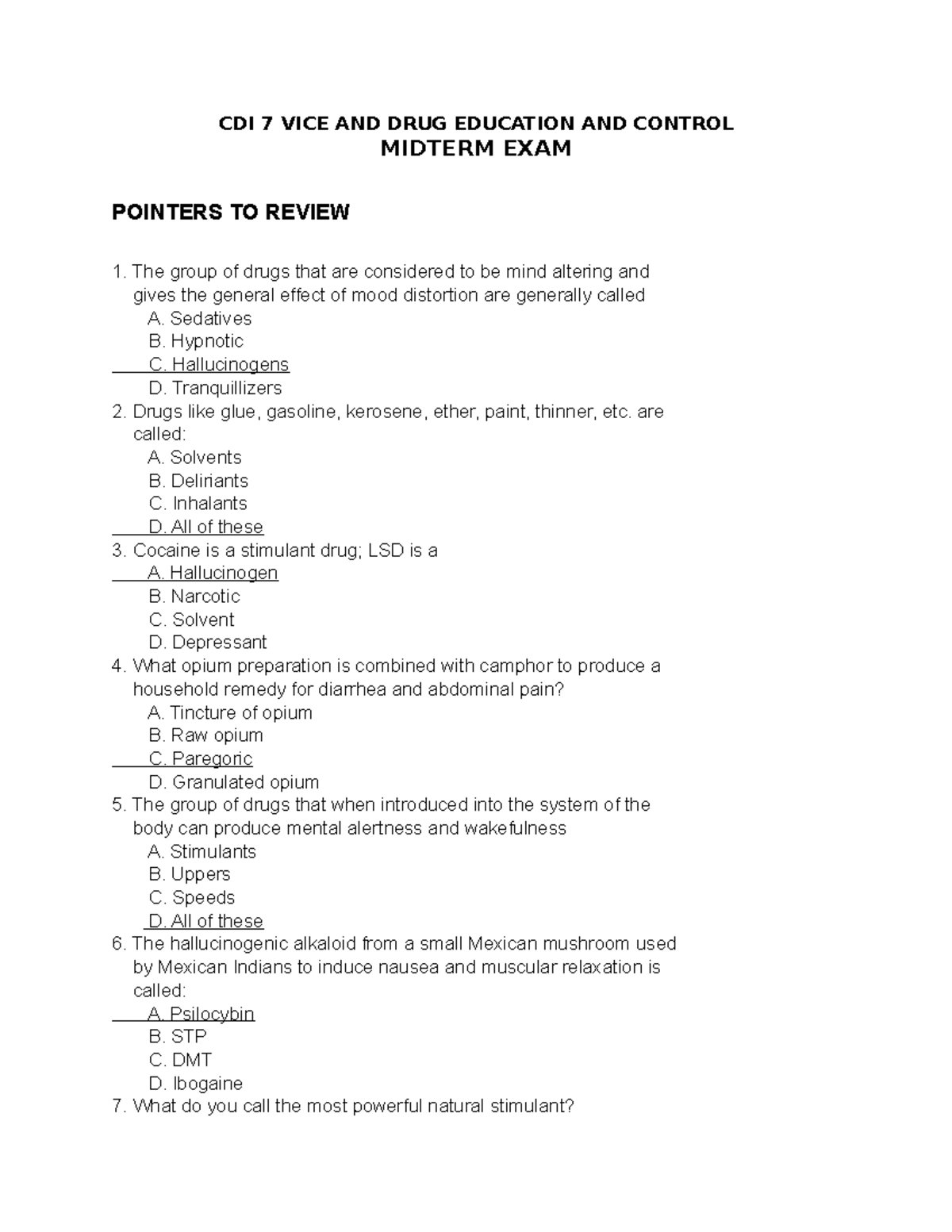 CDI 7 VICE & DRUG EDUCATION MIDTERM EXAM REVIEW POINTERS 2024 - Studocu