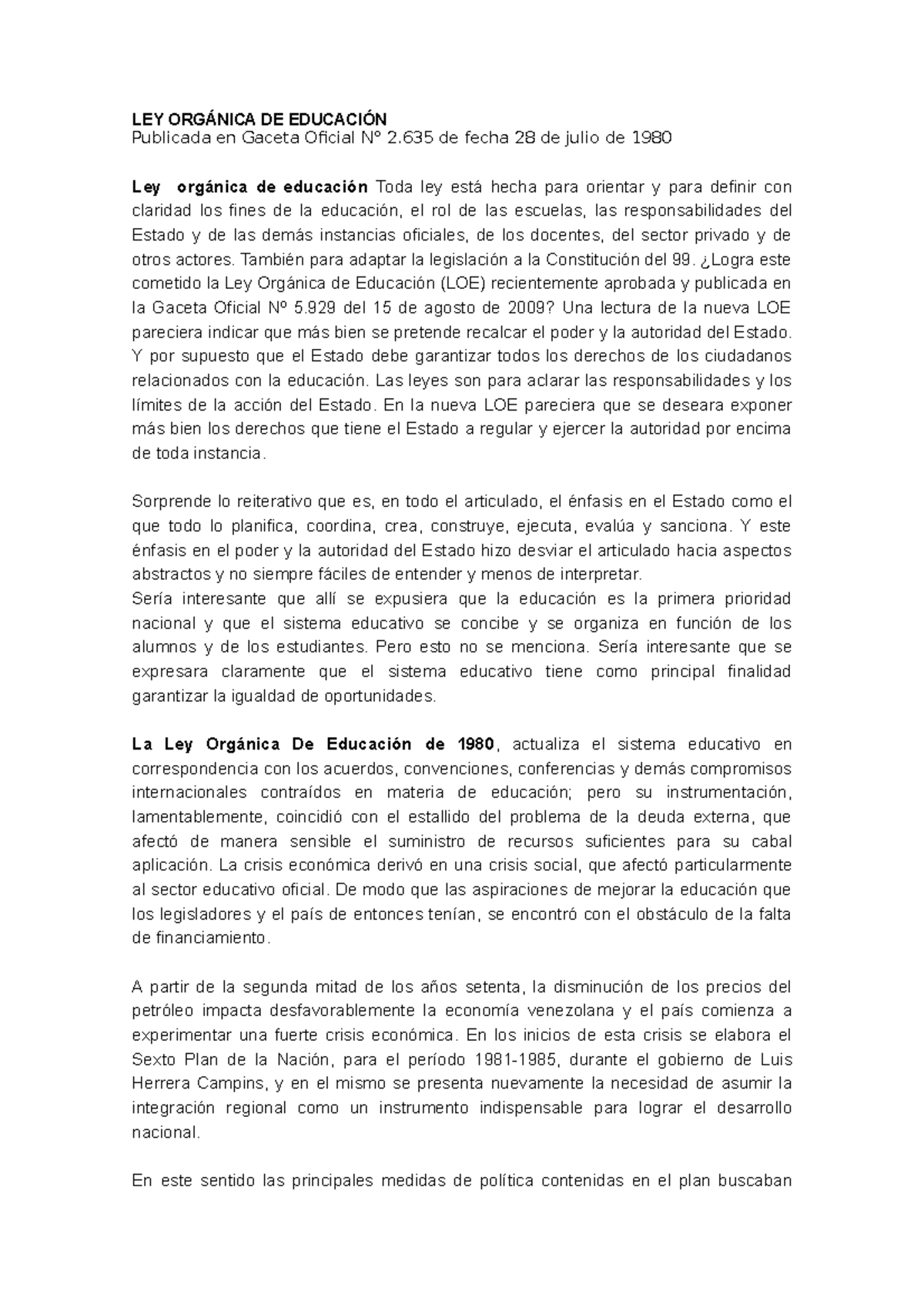 Análisis de la Ley Orgánica de Educación (1980-2009) en Venezuela - Studocu