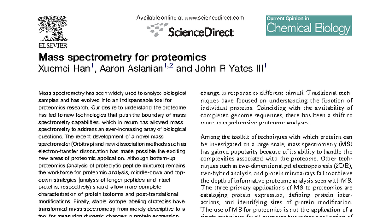 Mass Spectrometry Techniques in Proteomics Research (CHEM 2008) - Studocu