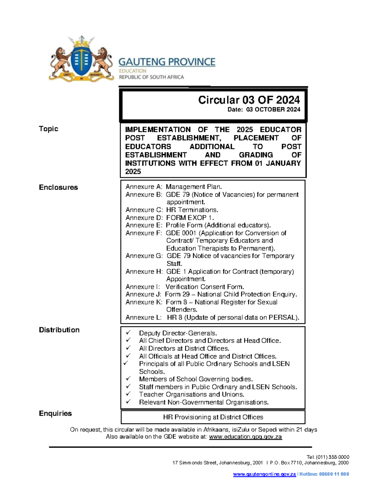 Circular 03 of 2024: Implementation of 2025 Educator Post Establishment ...