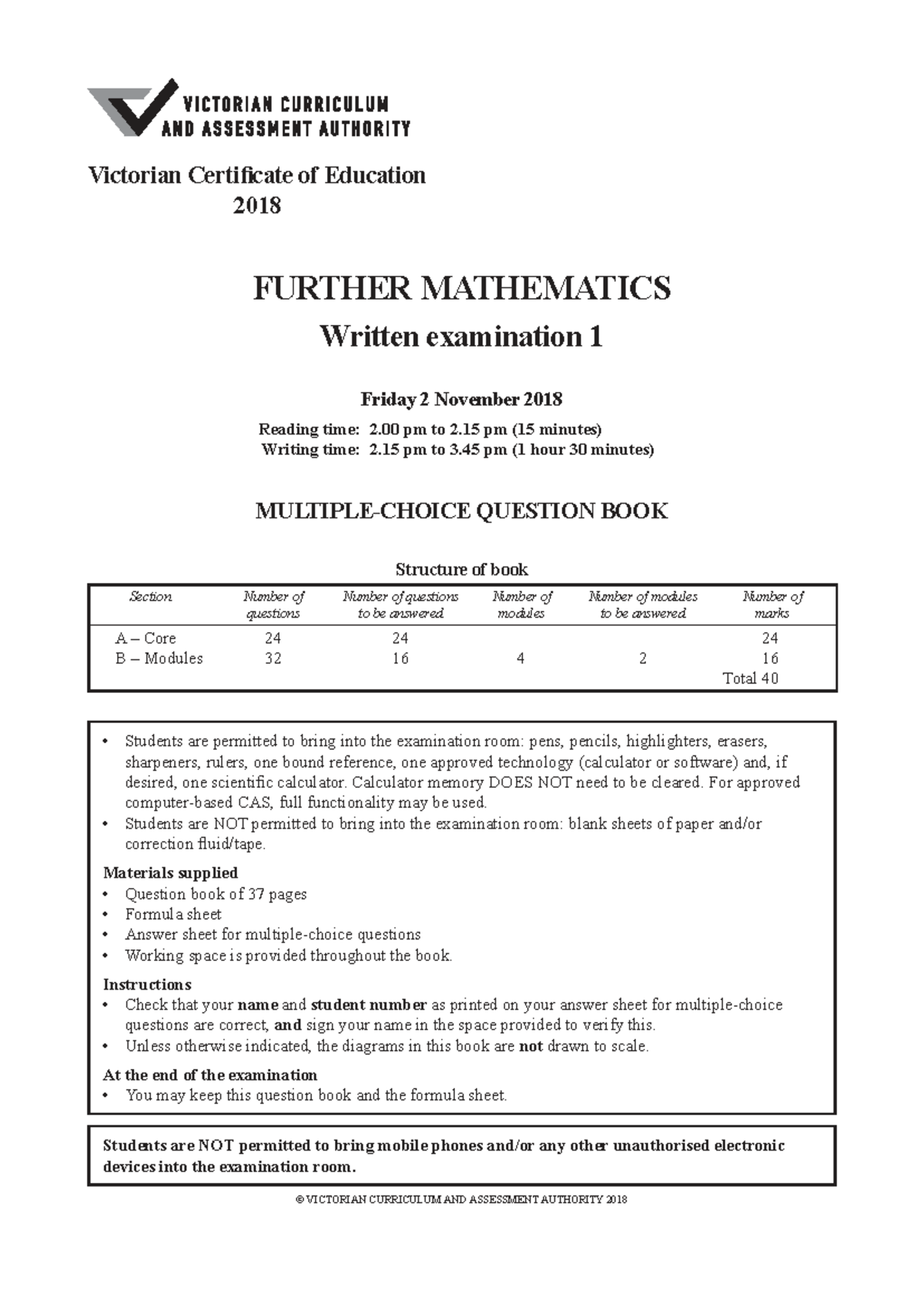 2018 FURTHER MATHEMATICS Exam 1 Question Book - Studocu