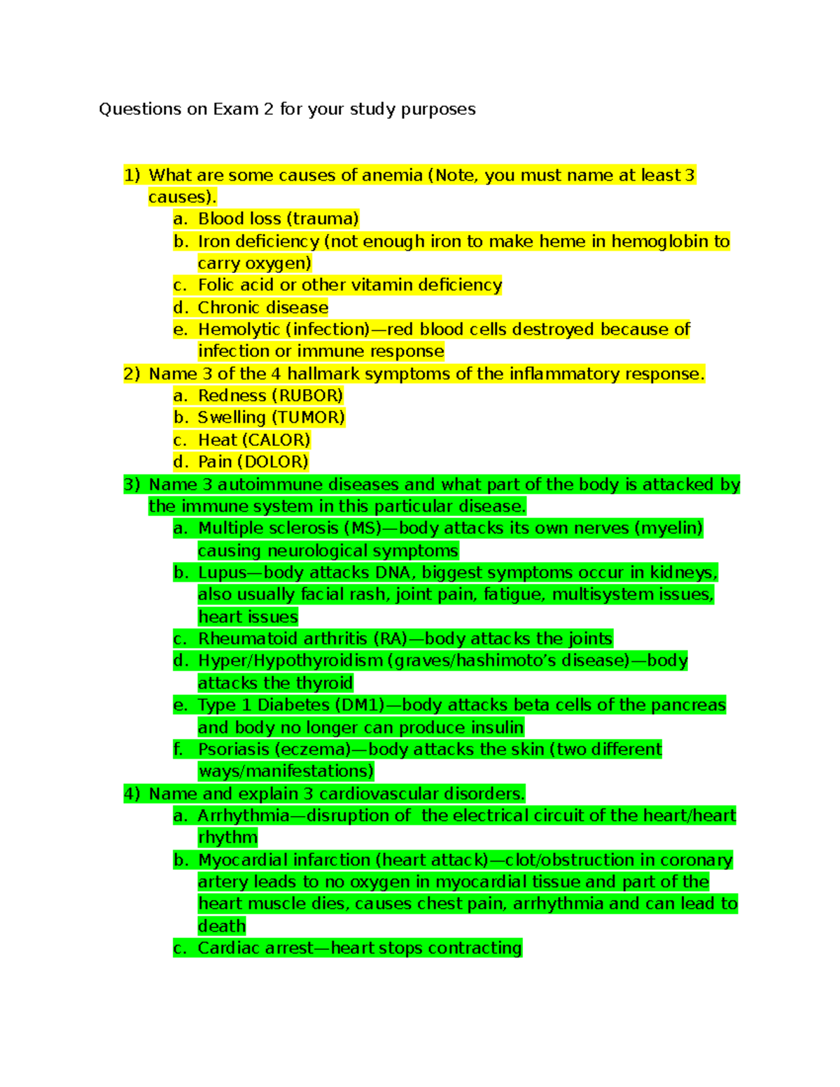 Study Guide for Exam 2: Cardiovascular & Immune System Topics - Studocu