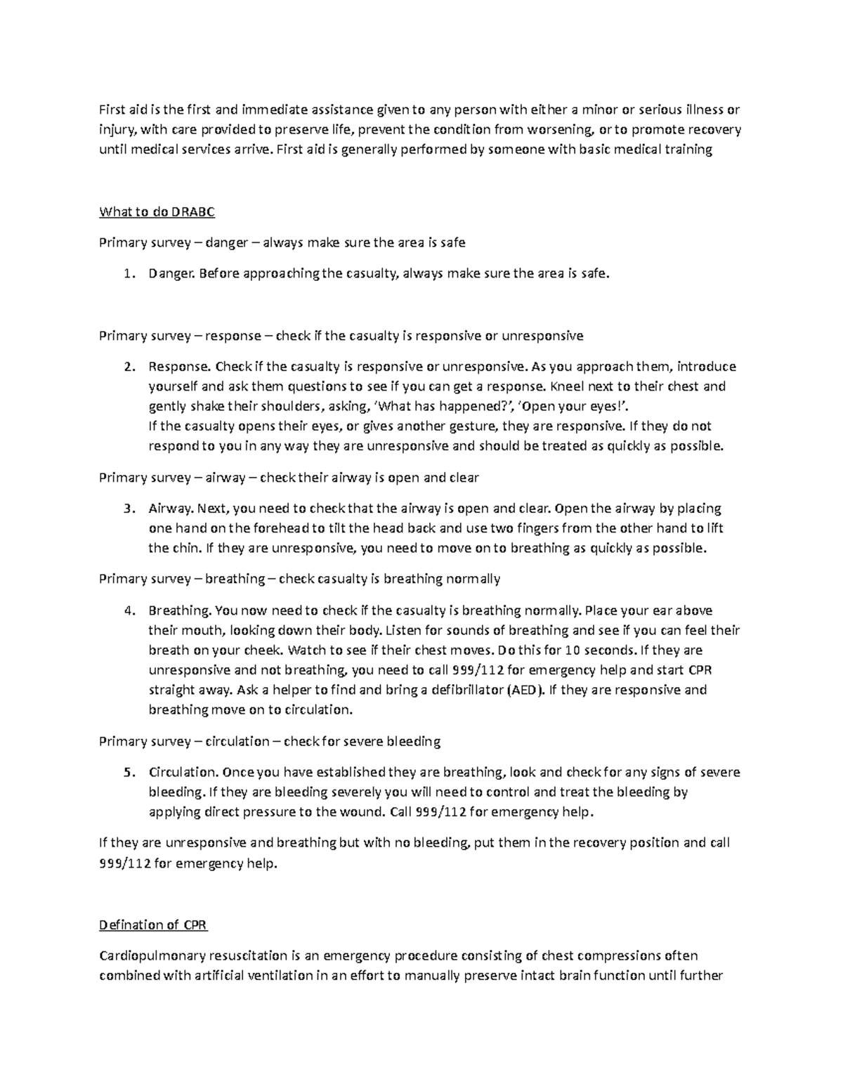 First Aid & CPR Fundamentals - Health Care Training Notes - Studocu