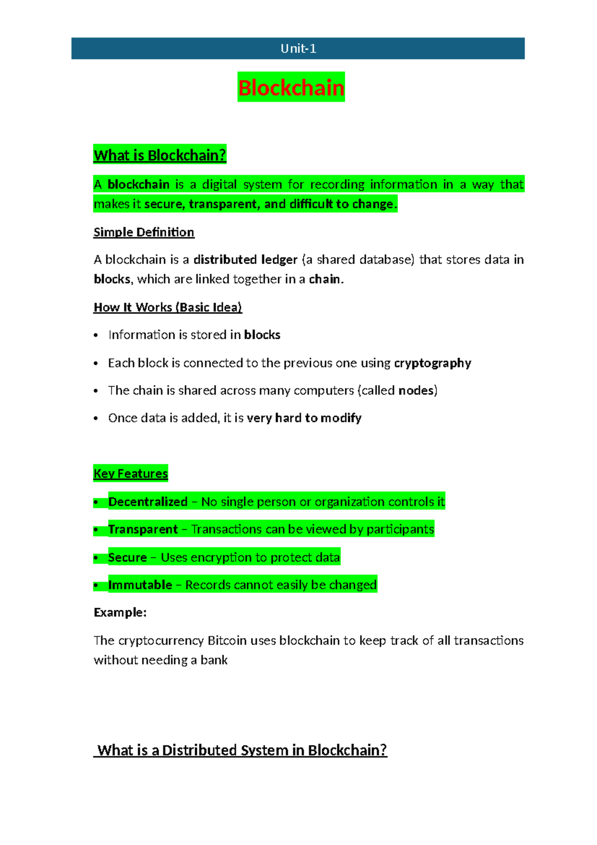 BC-Unit1: Comprehensive Notes on Blockchain Technology - Studocu