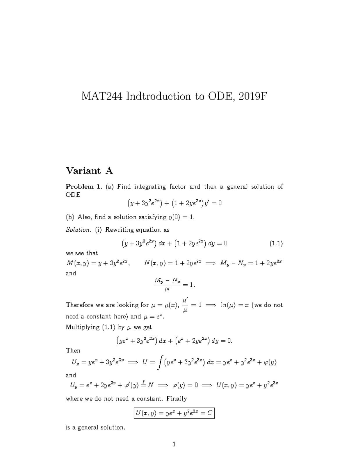 MAT 244 2019 Final Exam Past Test Solutions and Step-by-Step Guide ...