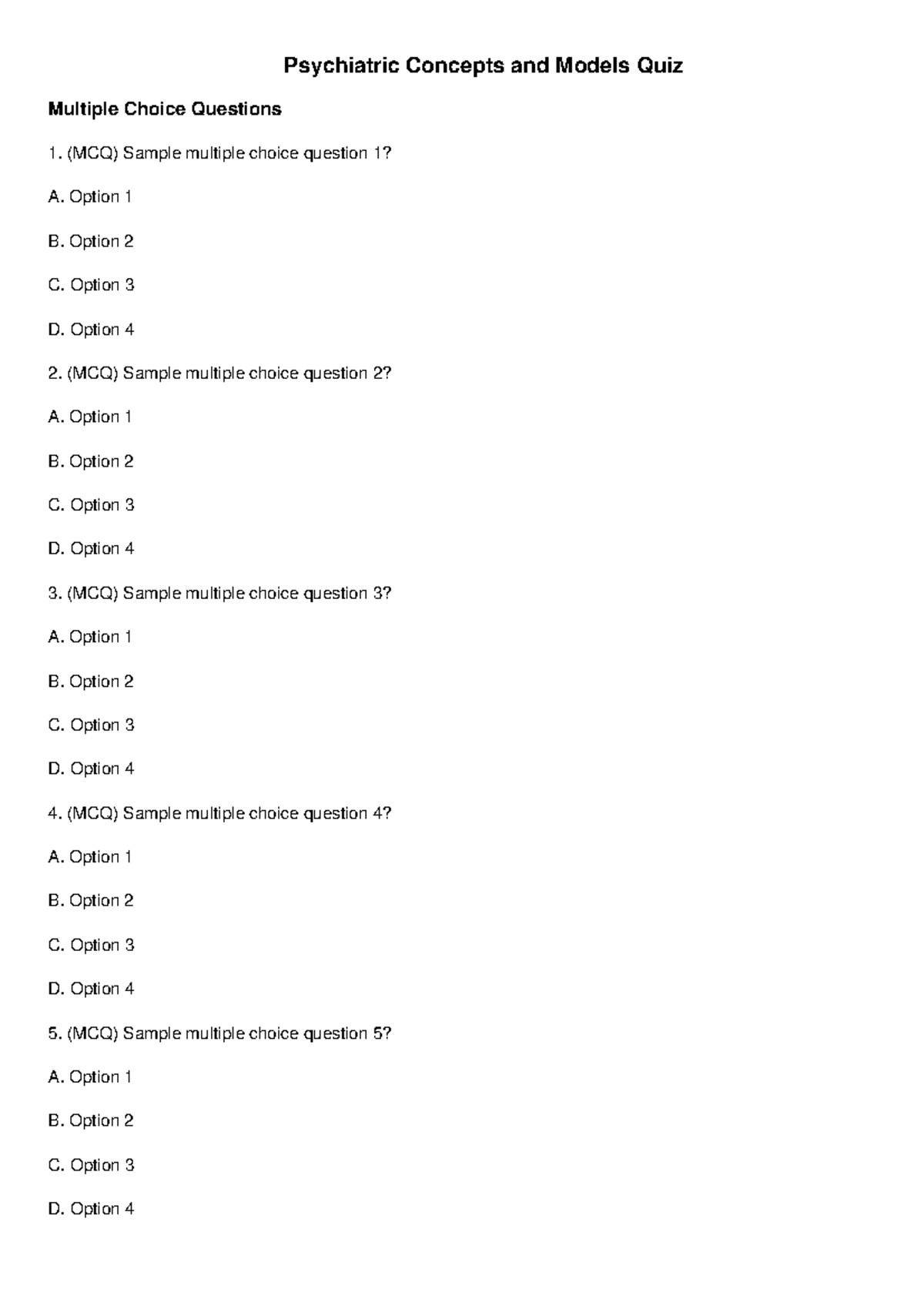 Psychiatric Concepts and Models Quiz (MCQ) - 100 Items with Answers ...