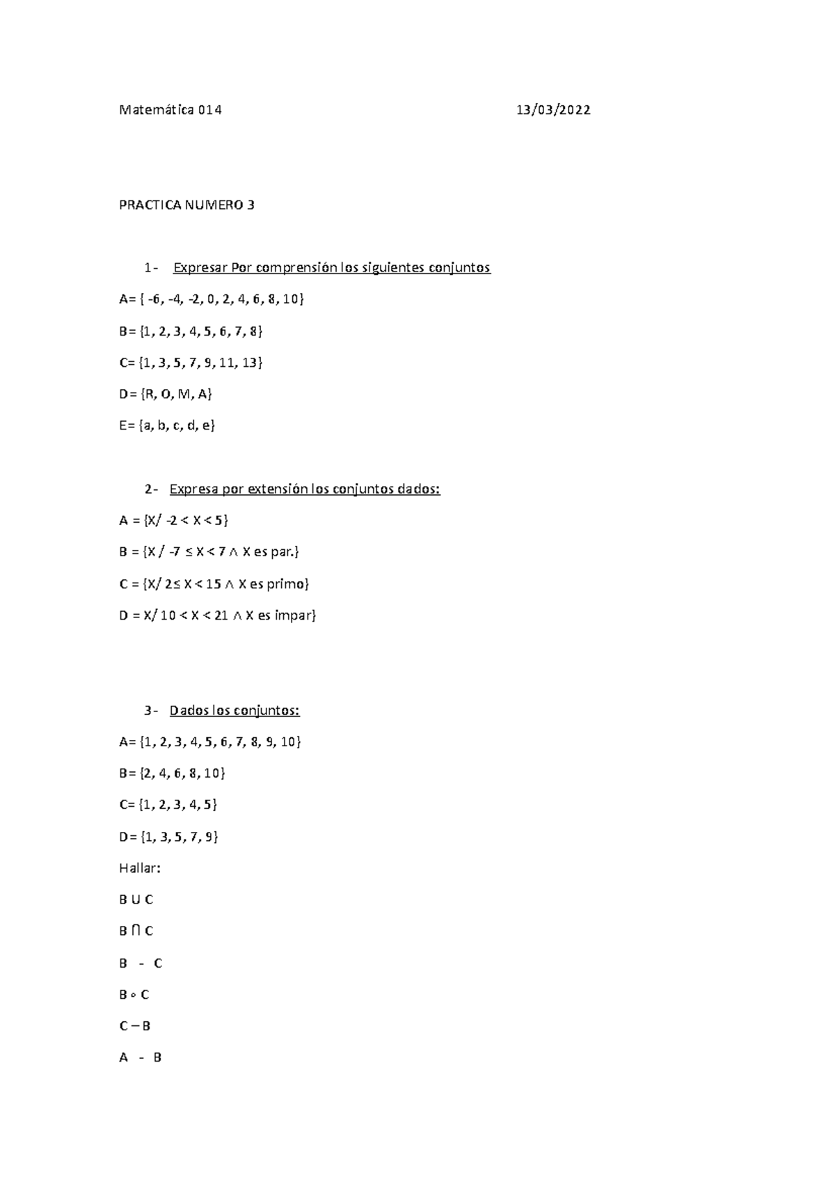 Practica Numero 3 - descripcion de matematuca - Matemática 014 13/03 ...