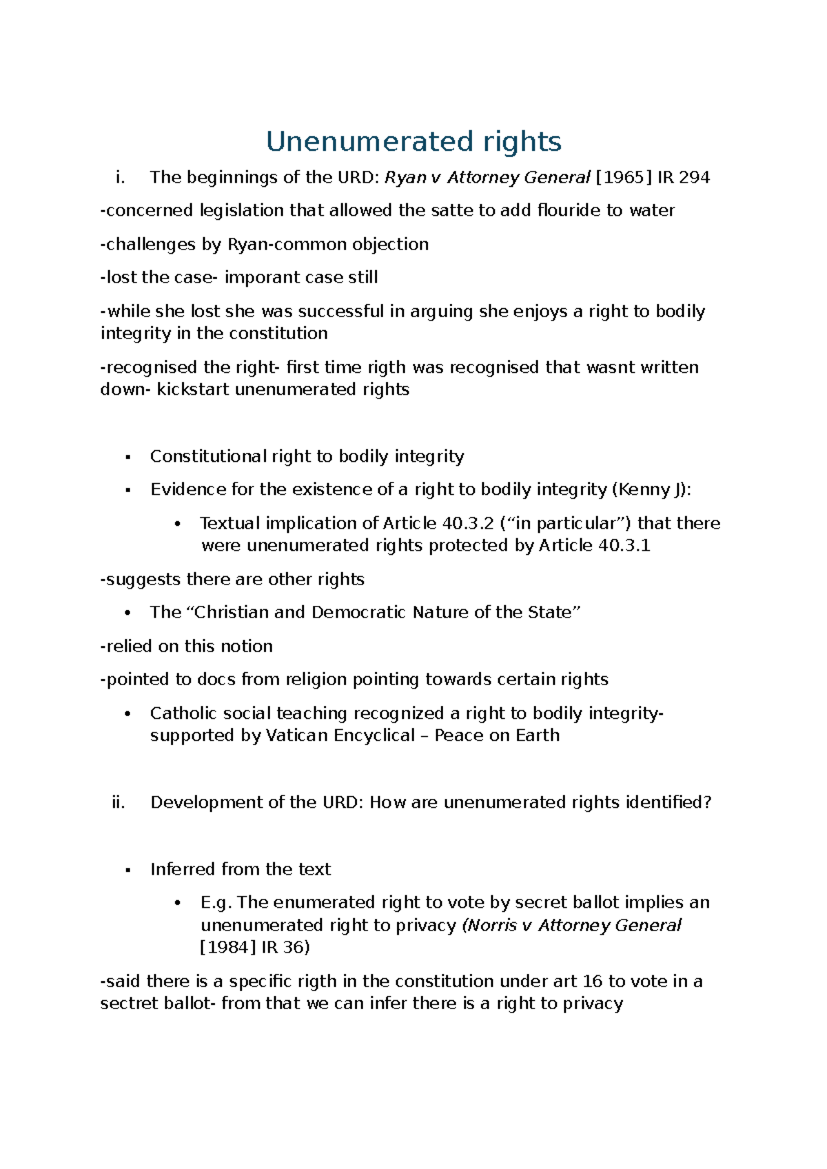 **Unenumerated Rights: Key Notes & Cases - Legal Study Insights** - Studocu