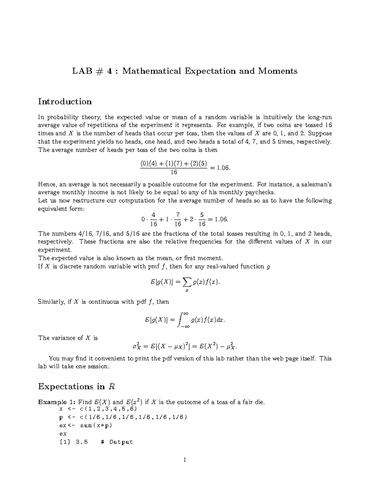 LAB 4: Mathematical Expectation & Moments in Probability Theory - Studocu