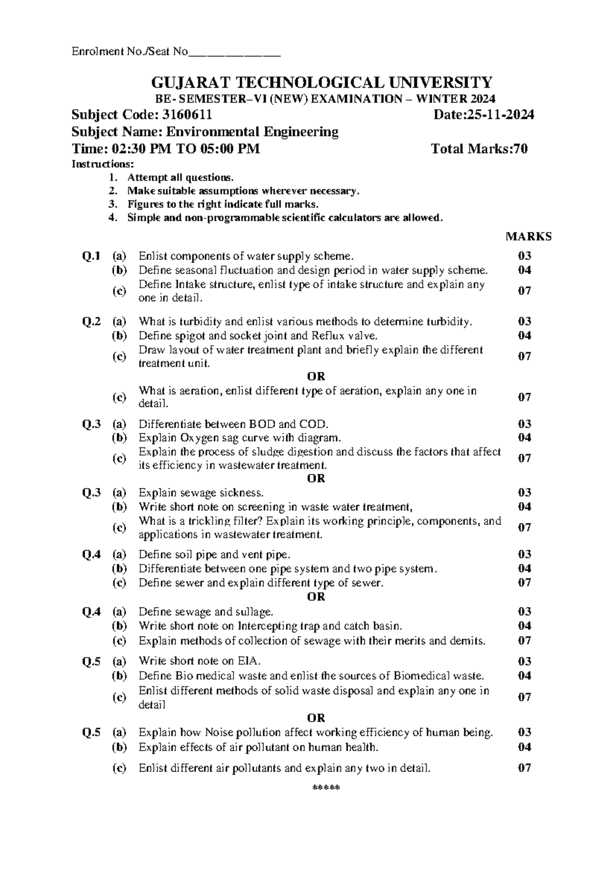 3160611 - Environmental Engineering Winter 2024 Exam Guide - Studocu